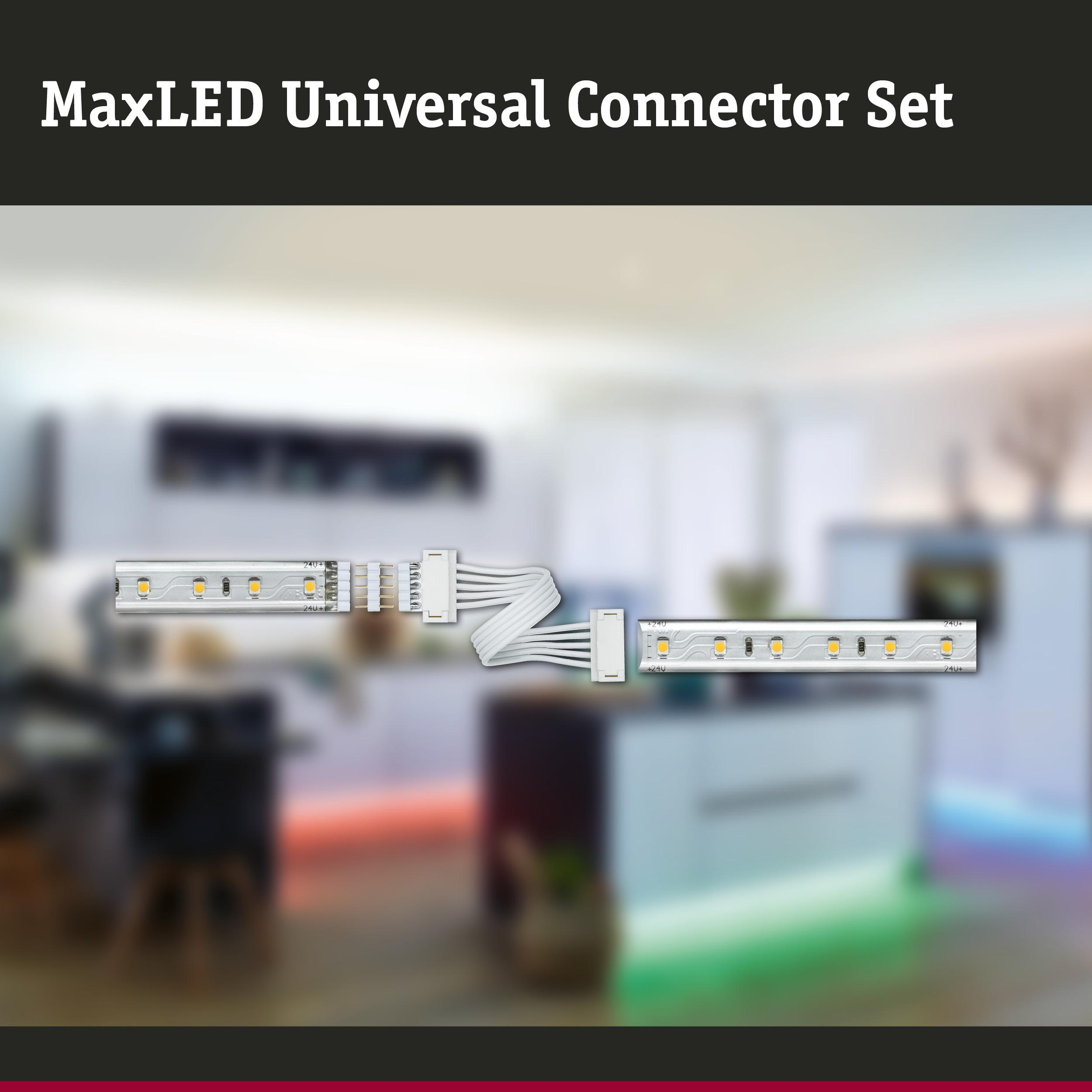 MaxLED Universal Connector Set: LED-Streifen mit Kabelverbinder vor Küchenhintergrund.