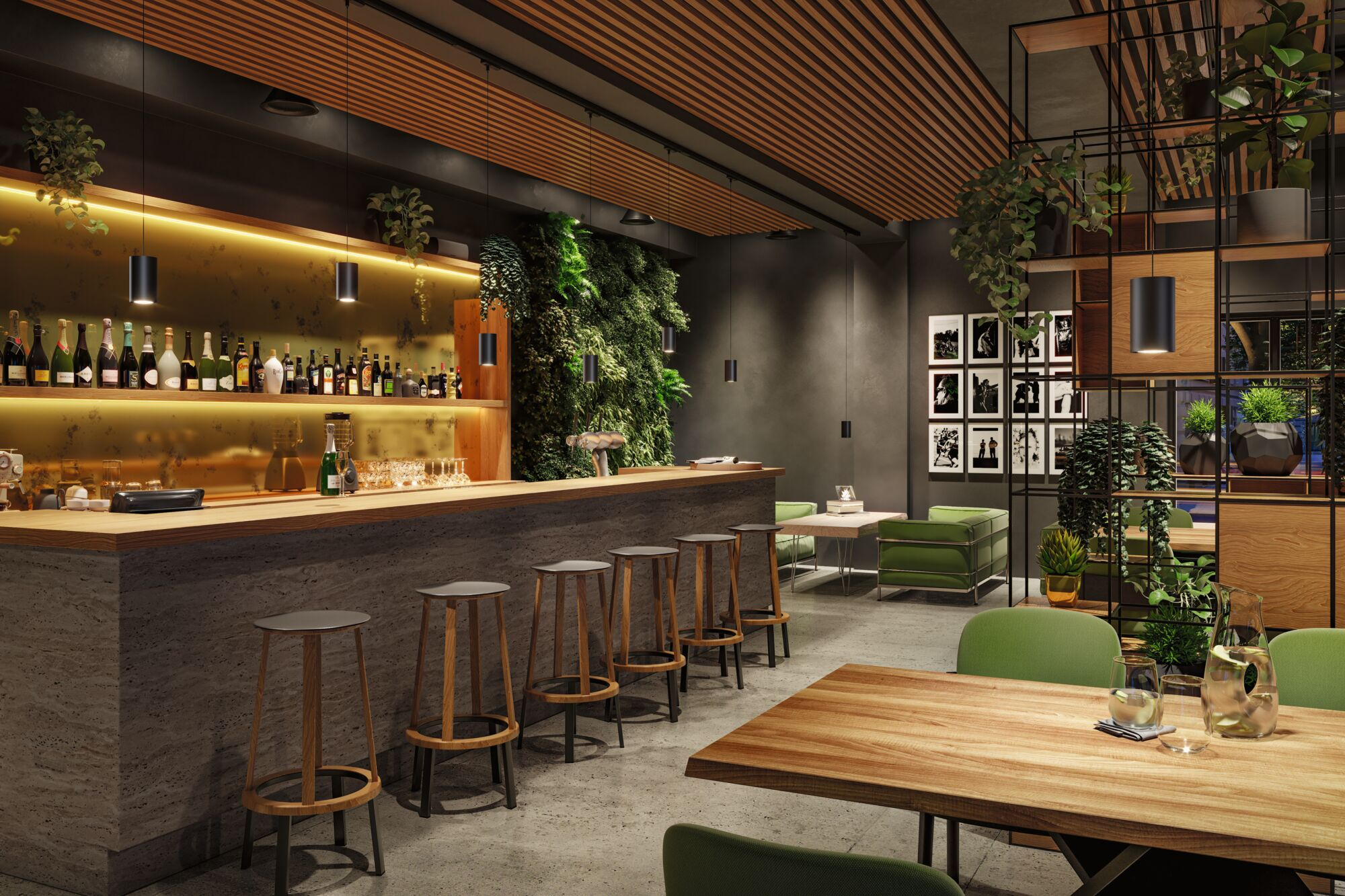 Moderne Bar mit Holzboden, grünen Stühlen und einer vertikalen Pflanzenwand.