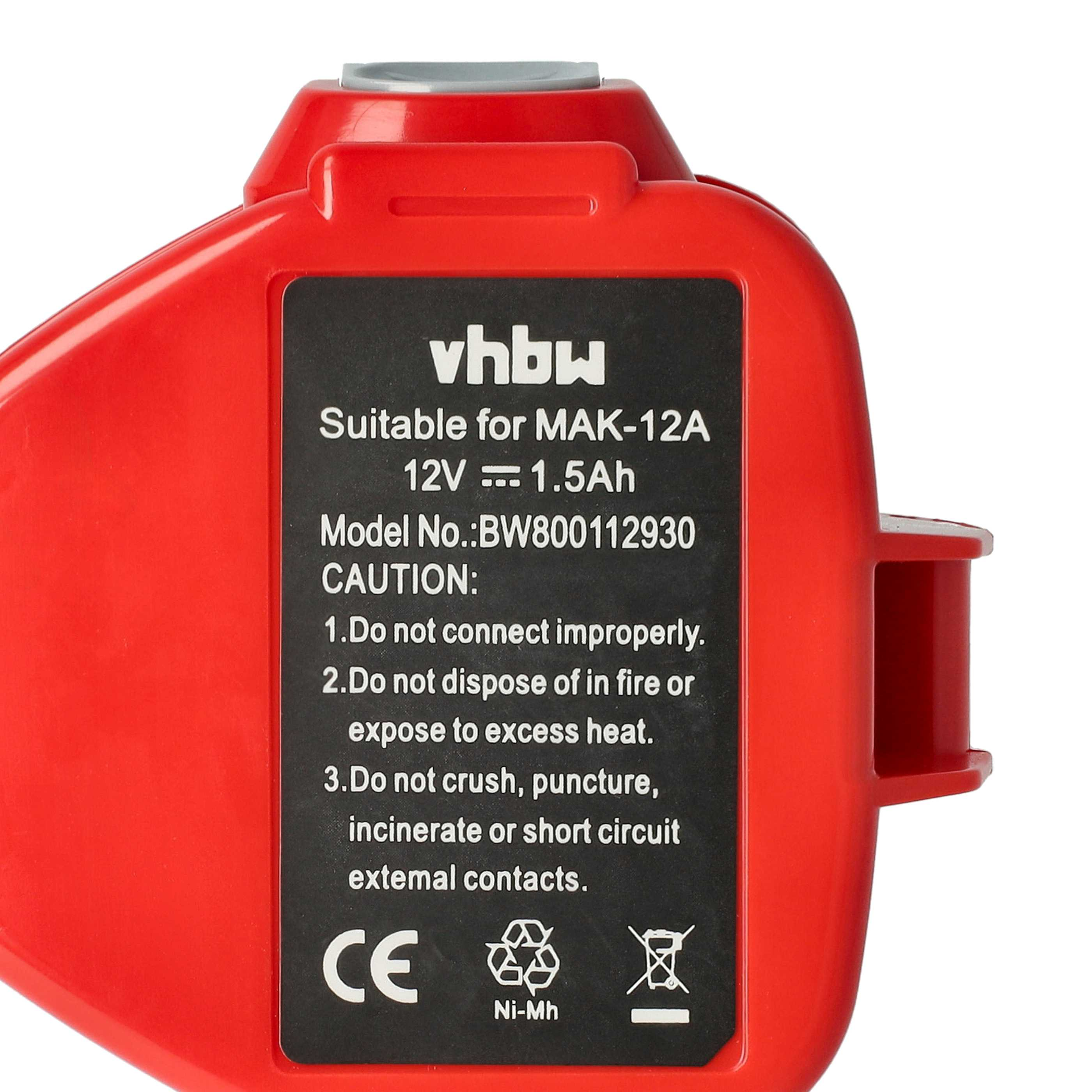 Roter Akku mit schwarzen Aufkleber: vhbw, 12V 1.5Ah, Ni-MH.