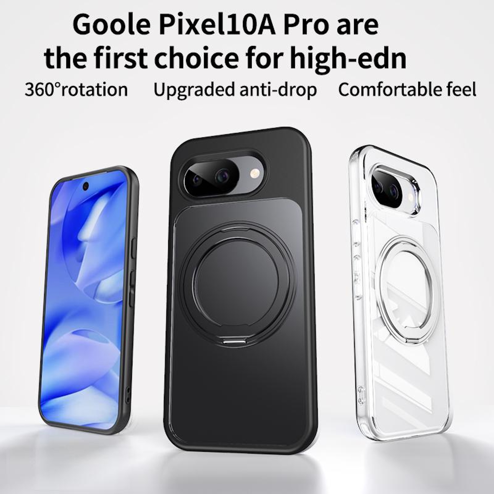Drei Handyhüllen: eine mit Telefon, eine schwarze, eine transparente.