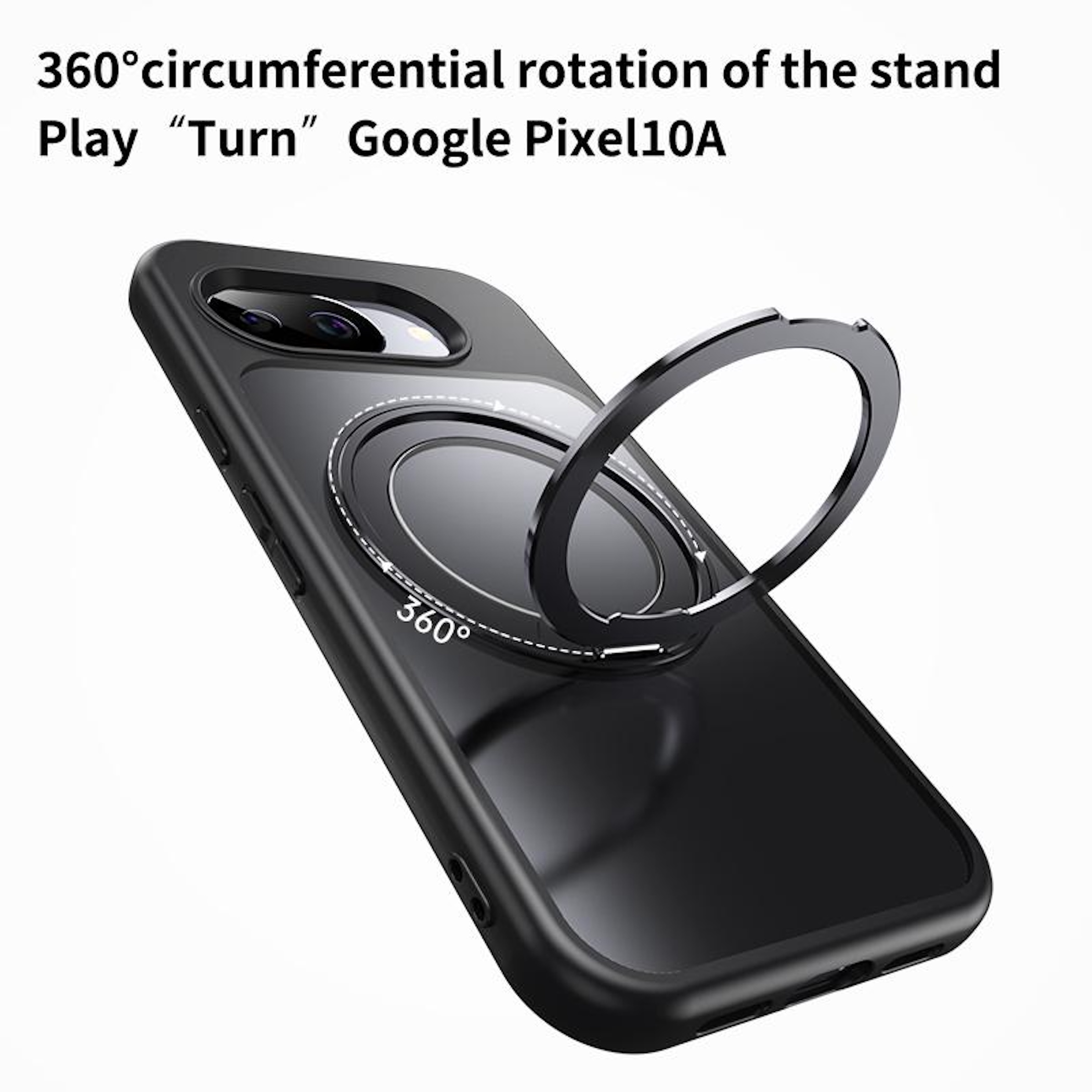Schwarze Handyhülle mit 360° Ringhalterung für Google Pixel 10A.