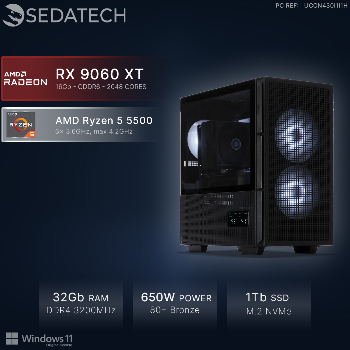 PC con AMD Radeon RX 9060 XT, Ryzen 5 5500, 32GB RAM, alimentatore 650W.