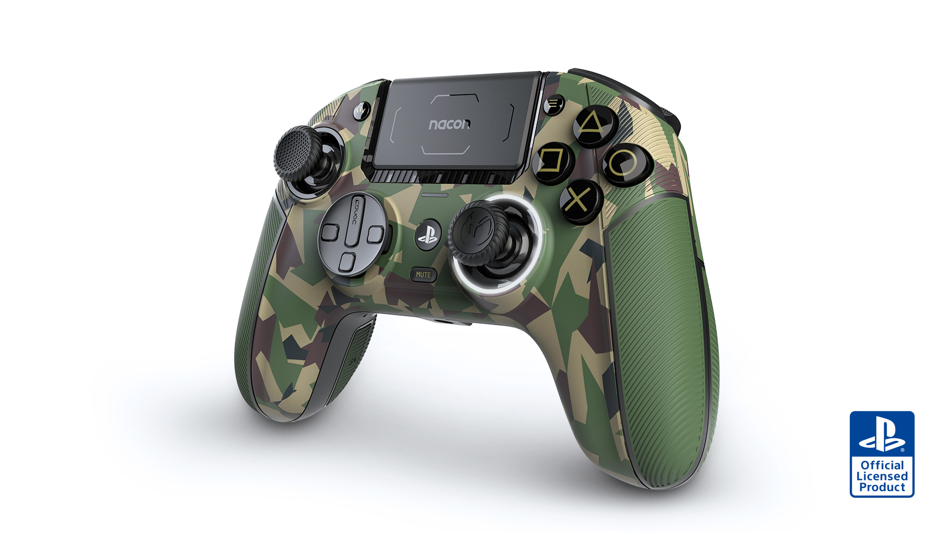 Ein Controller mit Tarnmuster in Grün-, Braun- und Beigetönen, mit schwarzen Knöpfen.
