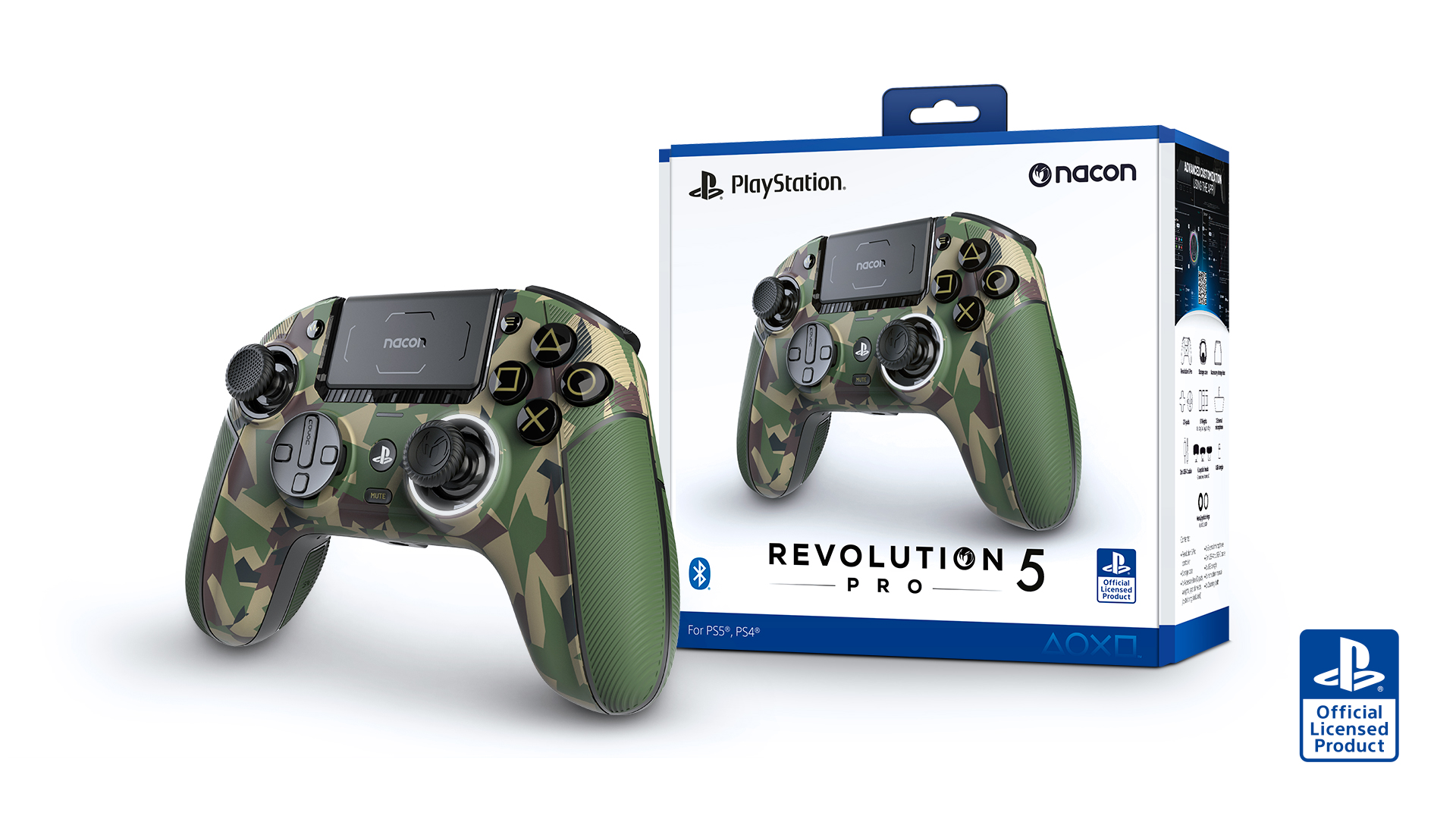 Ein PS5/PS4-Controller mit Camouflage-Muster neben seiner Verpackung.