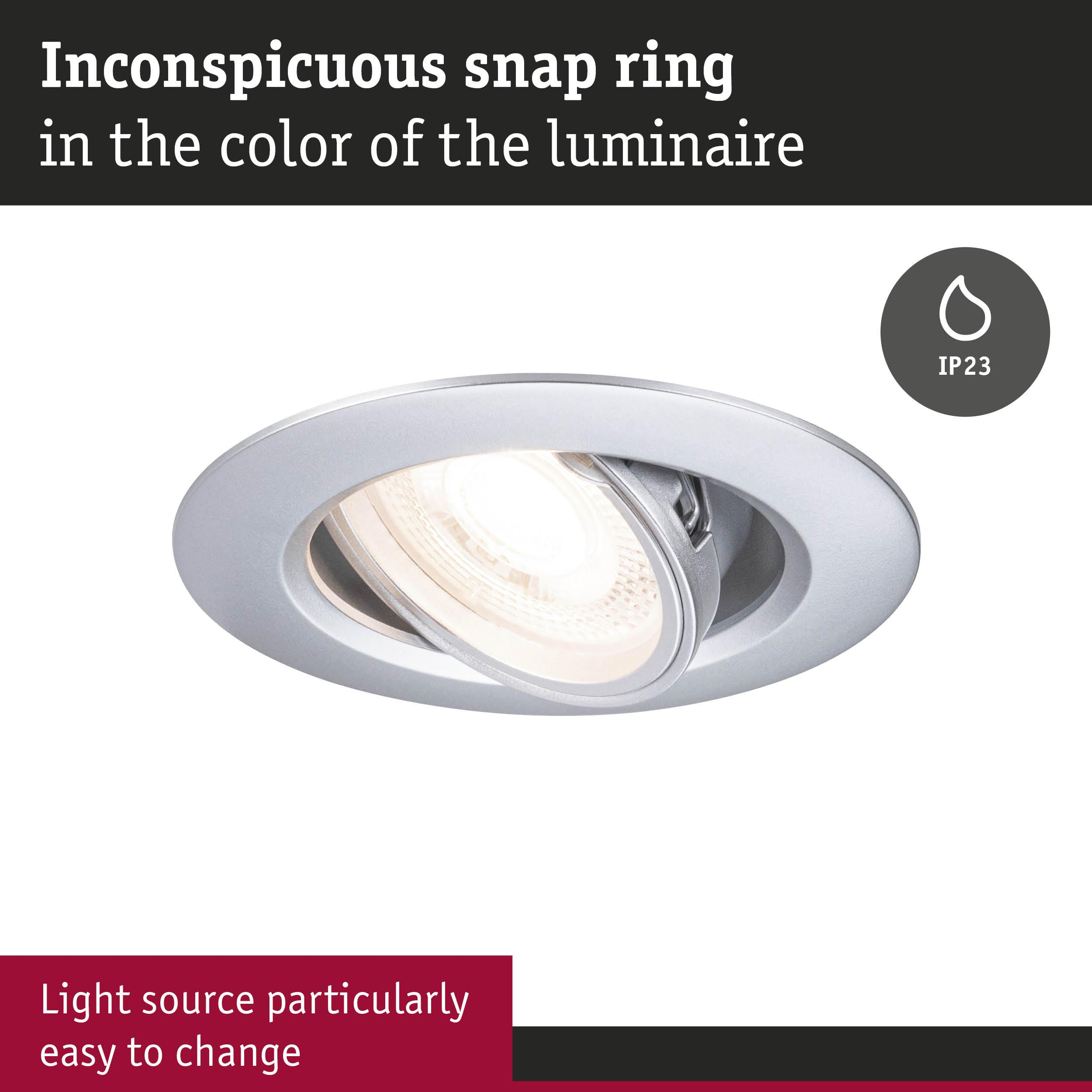Einbaustrahler mit unauffälligem Ring, IP23, Lichtquelle leicht wechselbar.