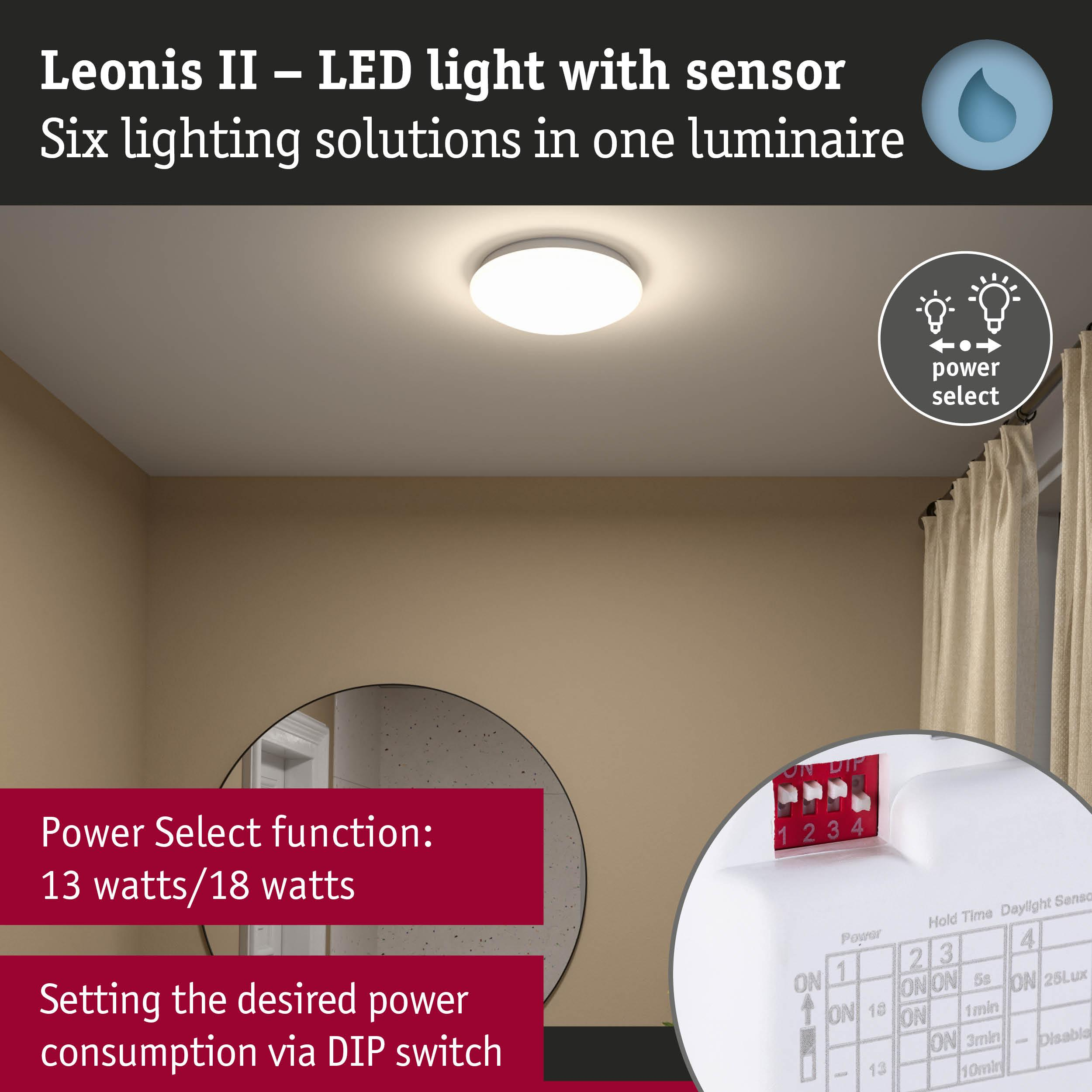 Leonis II LED-Sensorleuchte mit DIP-Schalter für Leistungseinstellungen.