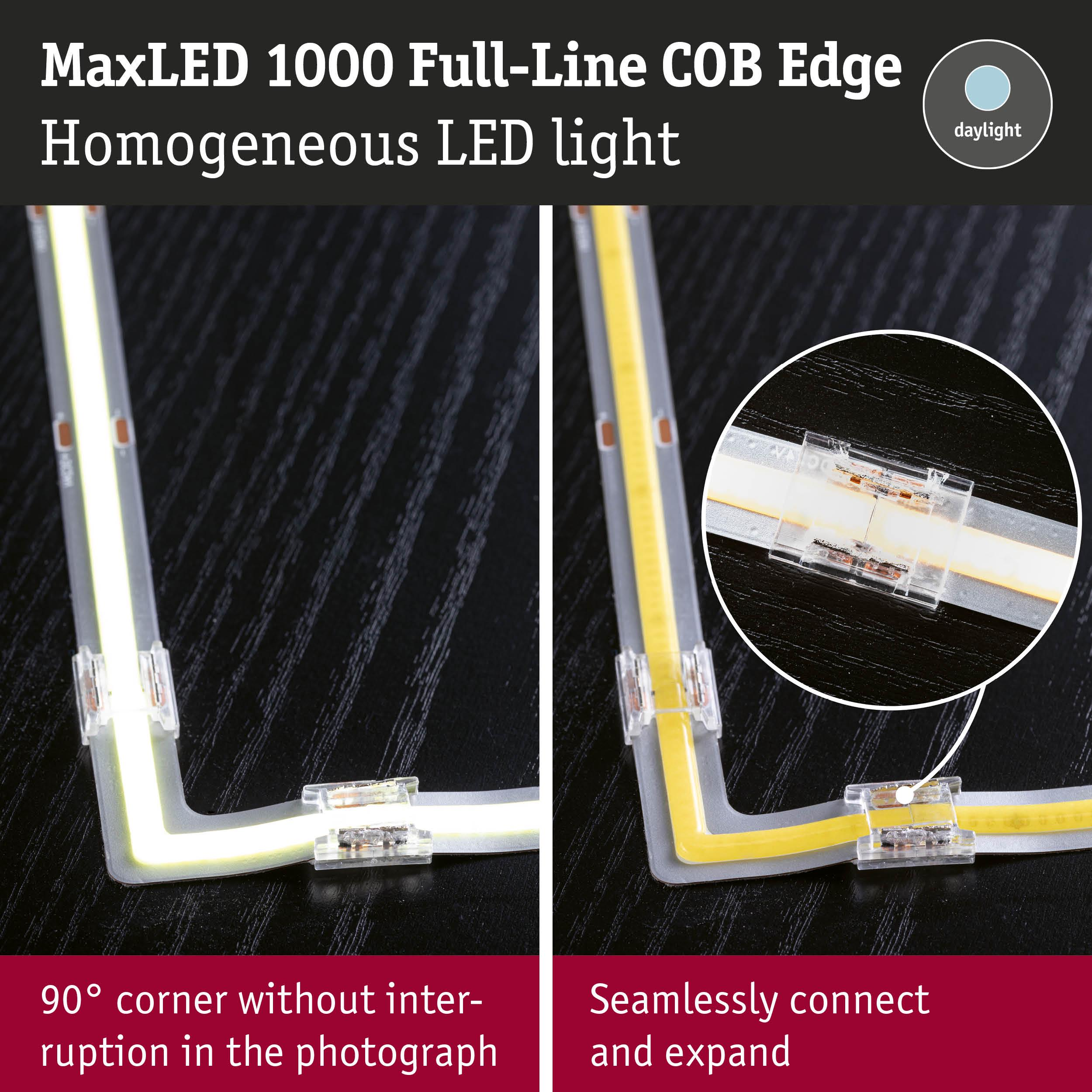 LED-Streifen im 90-Grad-Winkel und nahtlos verbunden, mit Nahaufnahme.