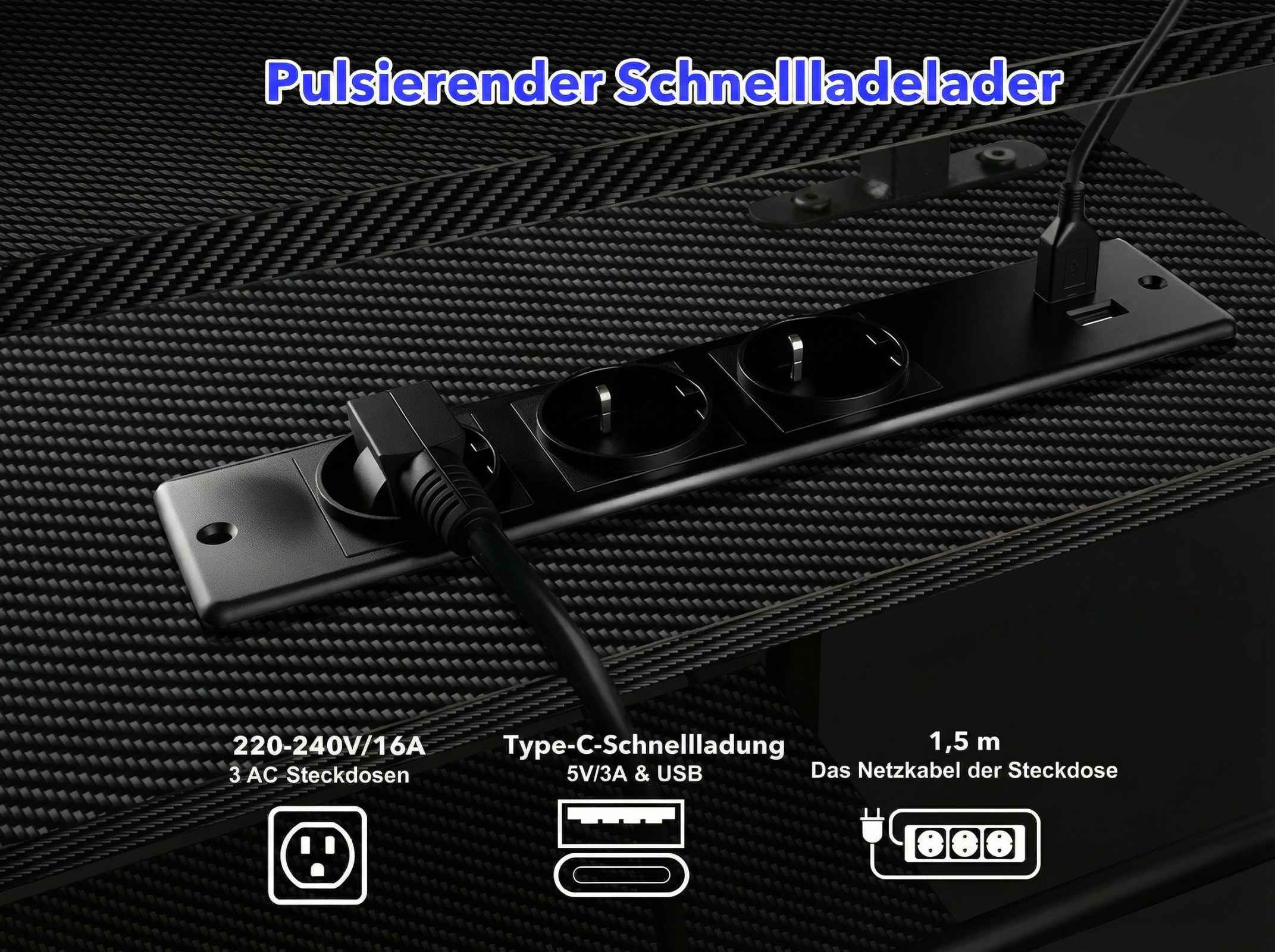 Schwarzer Mehrfachstecker mit 3 Steckdosen, USB-A, USB-C und 1,5m Kabel.