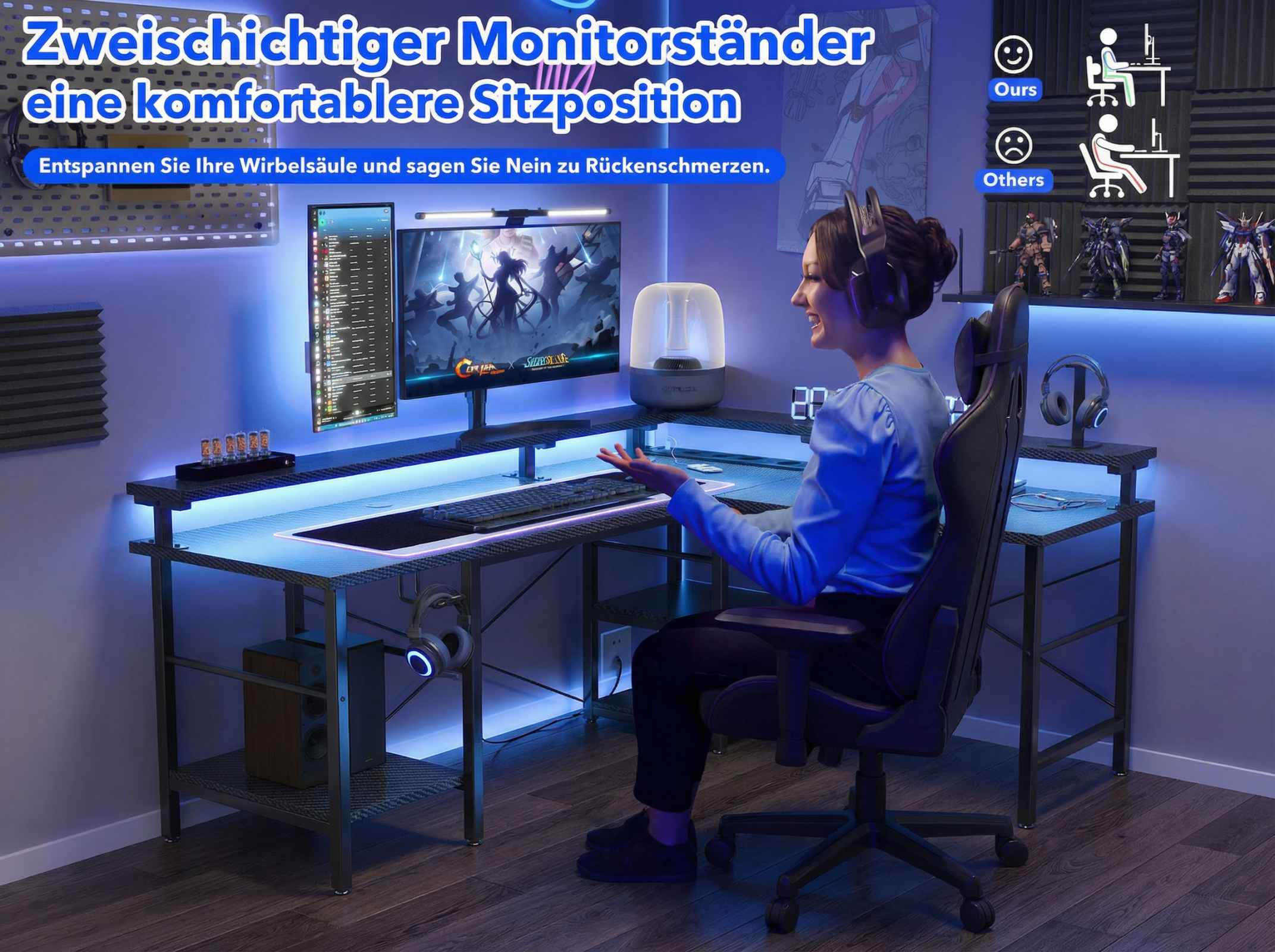 Eine Frau sitzt an einem Eckschreibtisch mit RGB-Beleuchtung und zwei Monitoren.