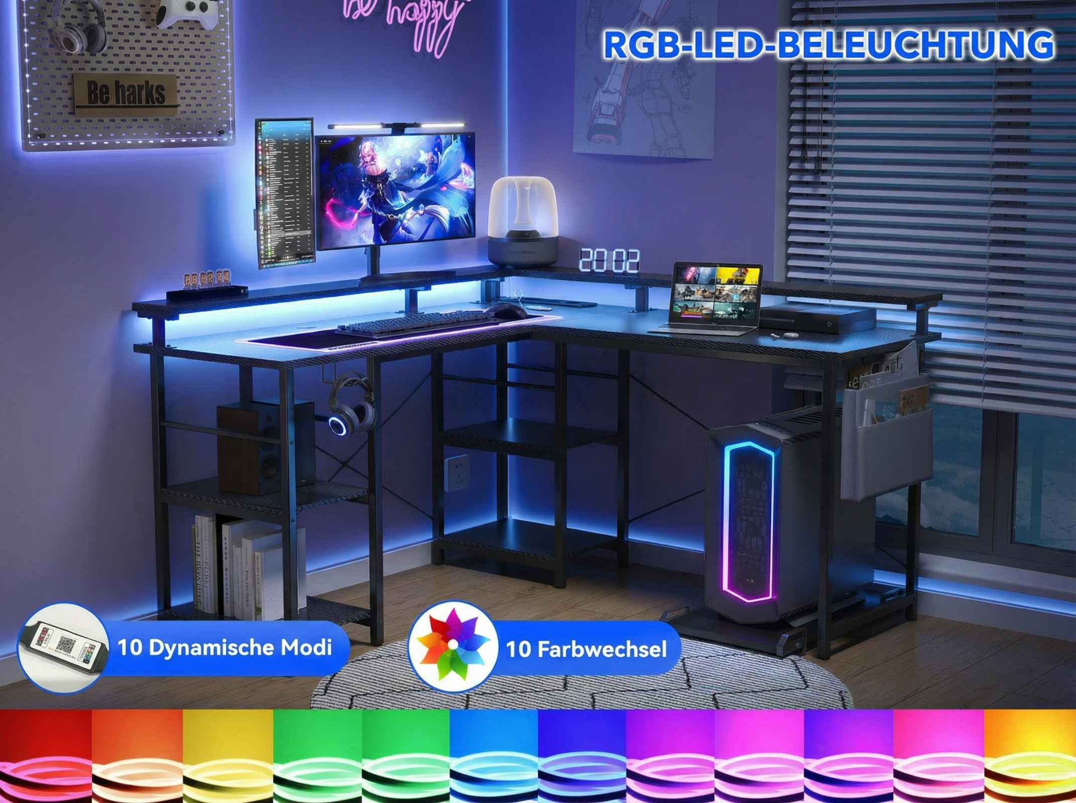 Ein Gaming-Schreibtisch mit RGB-LED-Beleuchtung, Computern und Zubehör.