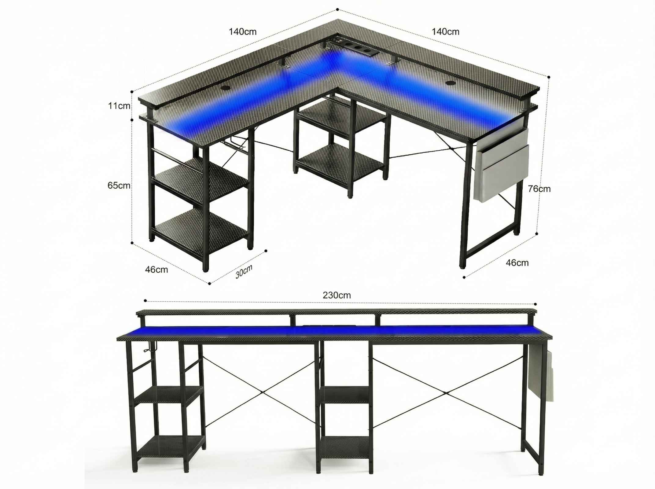 L-förmiger Schreibtisch mit blauer LED-Beleuchtung und Regalen.