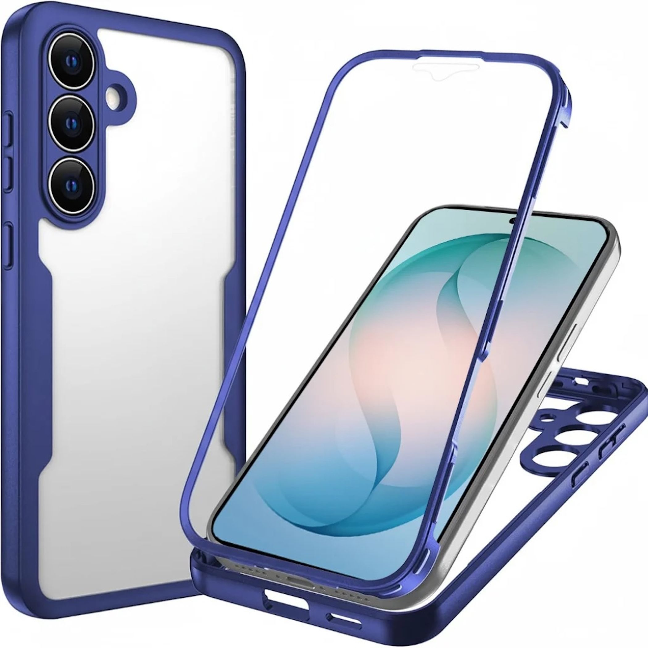 Ein blaues Handyhülle-Set mit einem durchsichtigen Rückenteil und einem blauen Rahmen.