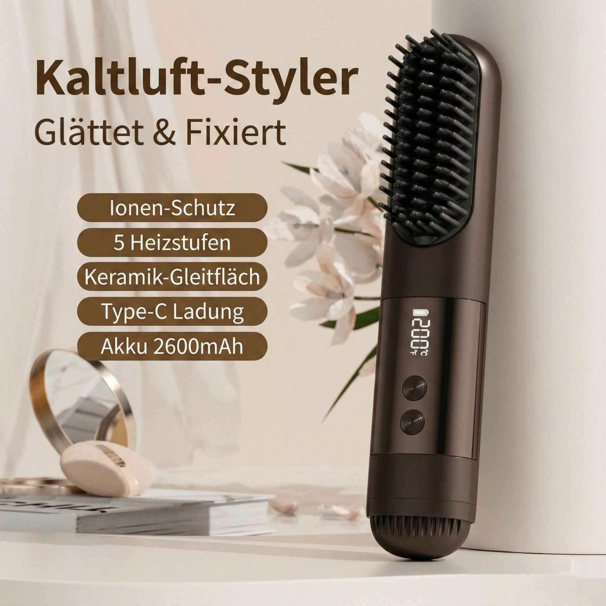 Ein dunkler Kaltluft-Styler mit LCD-Anzeige mit 200 Grad, neben Kosmetik.