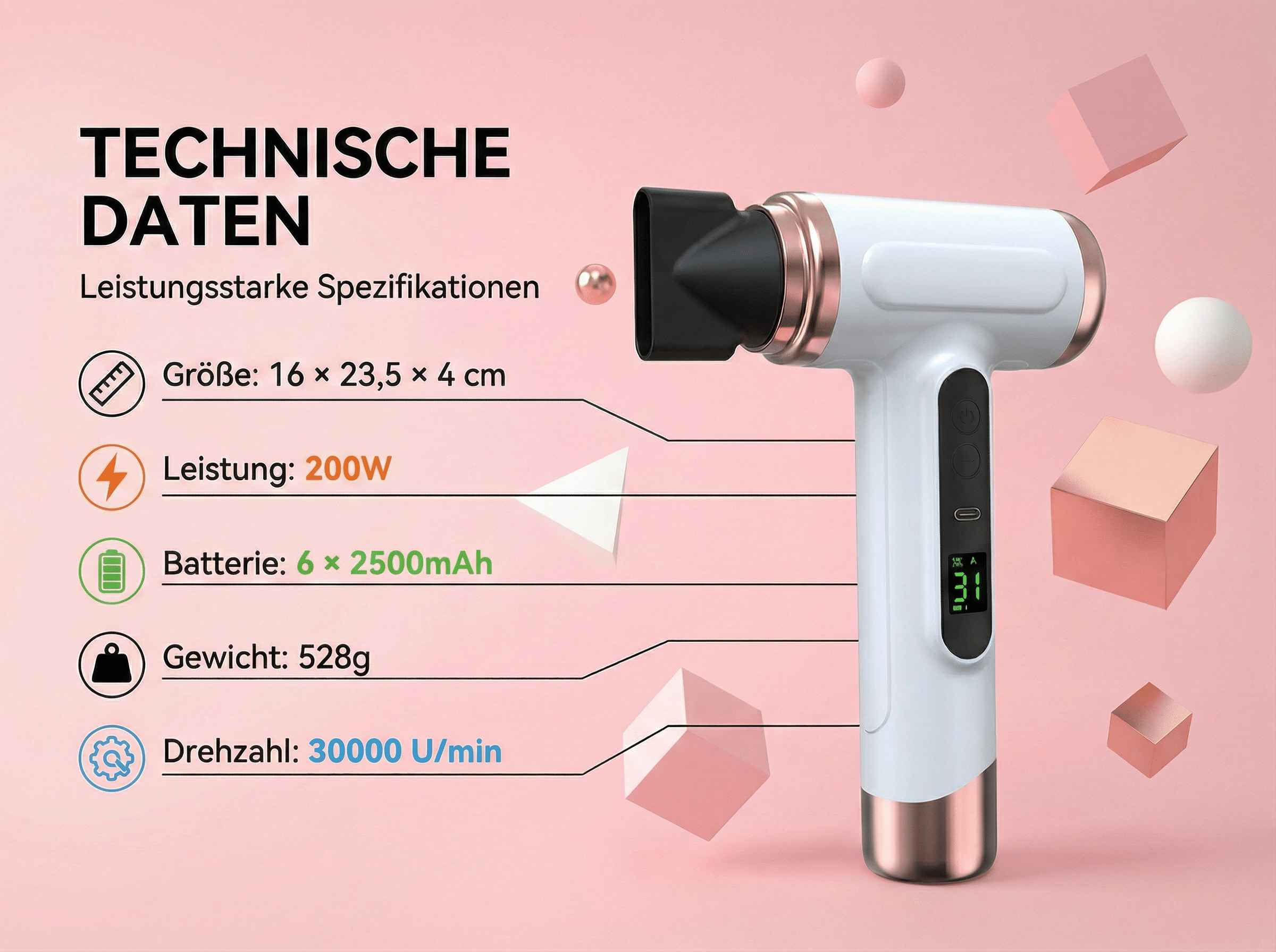 Technische Daten eines weißen Massagegeräts mit rosegoldenen Akzenten. Angaben zu Größe, Leistung, Batterie, Gewicht und Drehzahl.