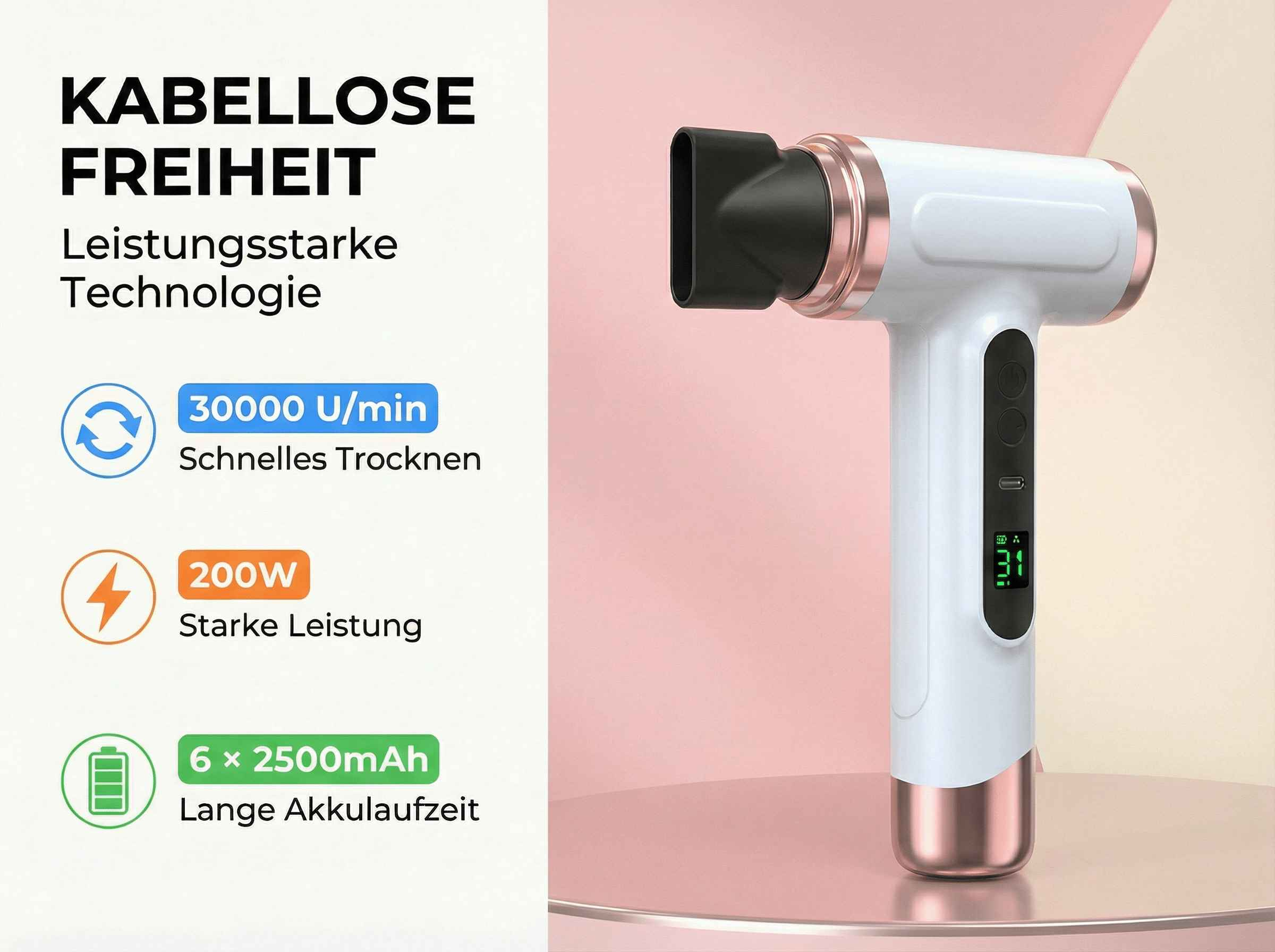 Ein weißer kabelloser Haartrockner mit Rosegold-Akzenten und einem digitalen Display.