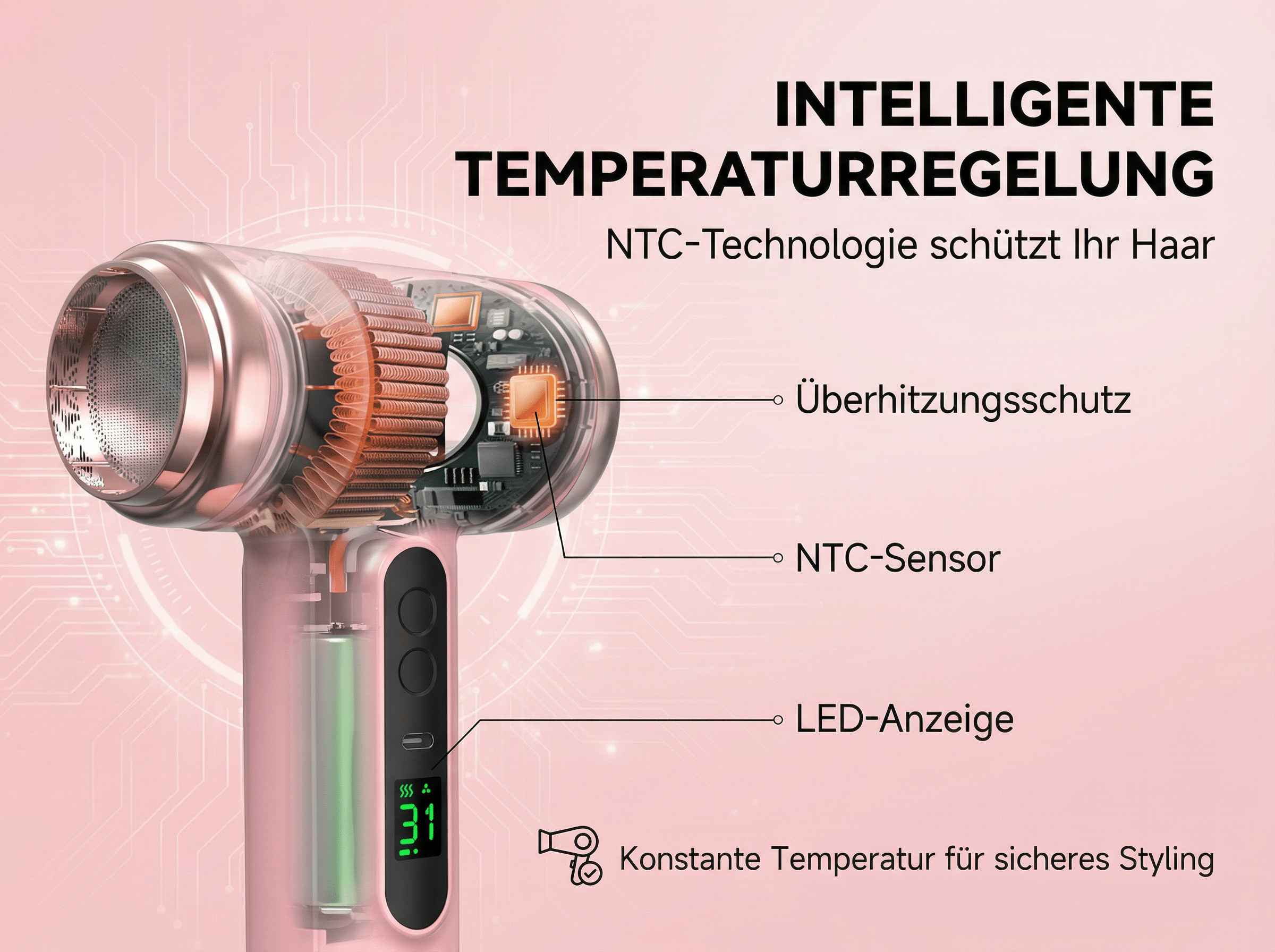 Ein rosafarbener Haartrockner mit transparentem Gehäuse zeigt Innenkomponenten.