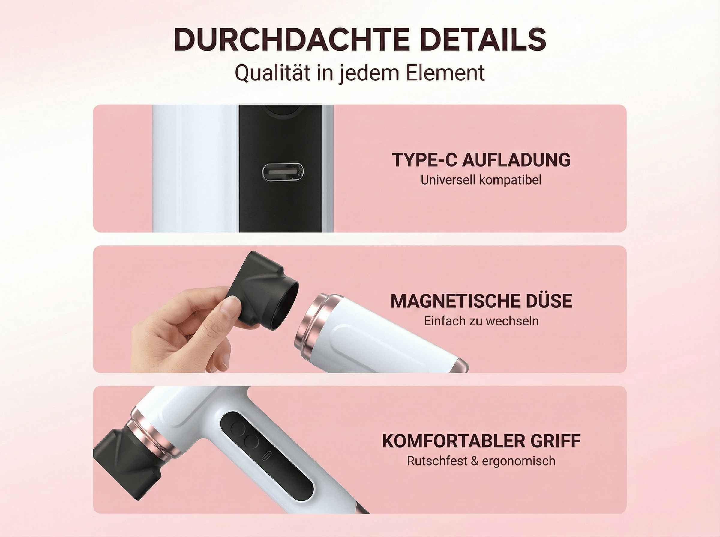 Drei Detailansichten eines weißen Haartrockners: Typ-C-Ladeanschluss, magnetische Düse, ergonomischer Griff.