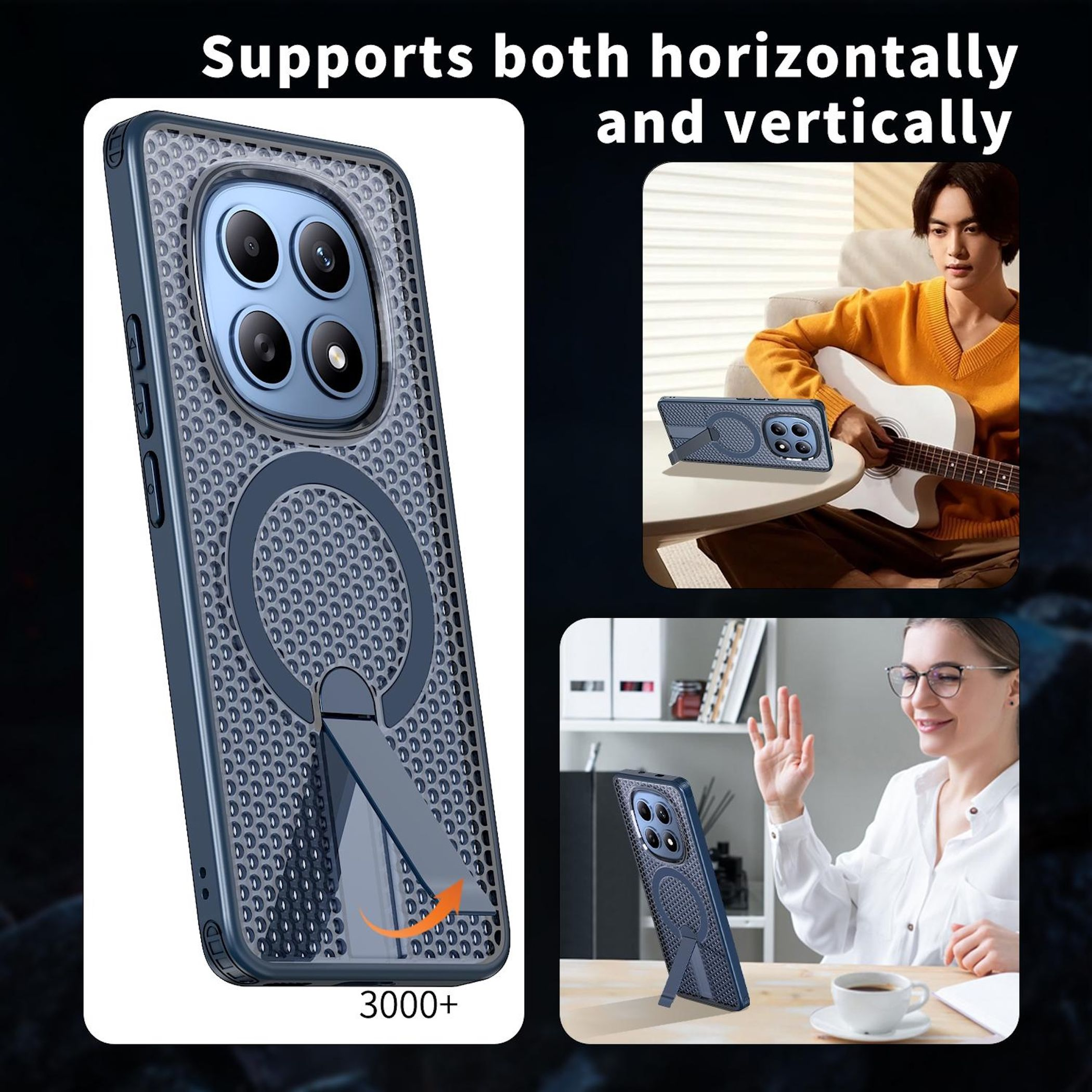 Funda azul para teléfono con soporte, mostrada vertical y horizontalmente.