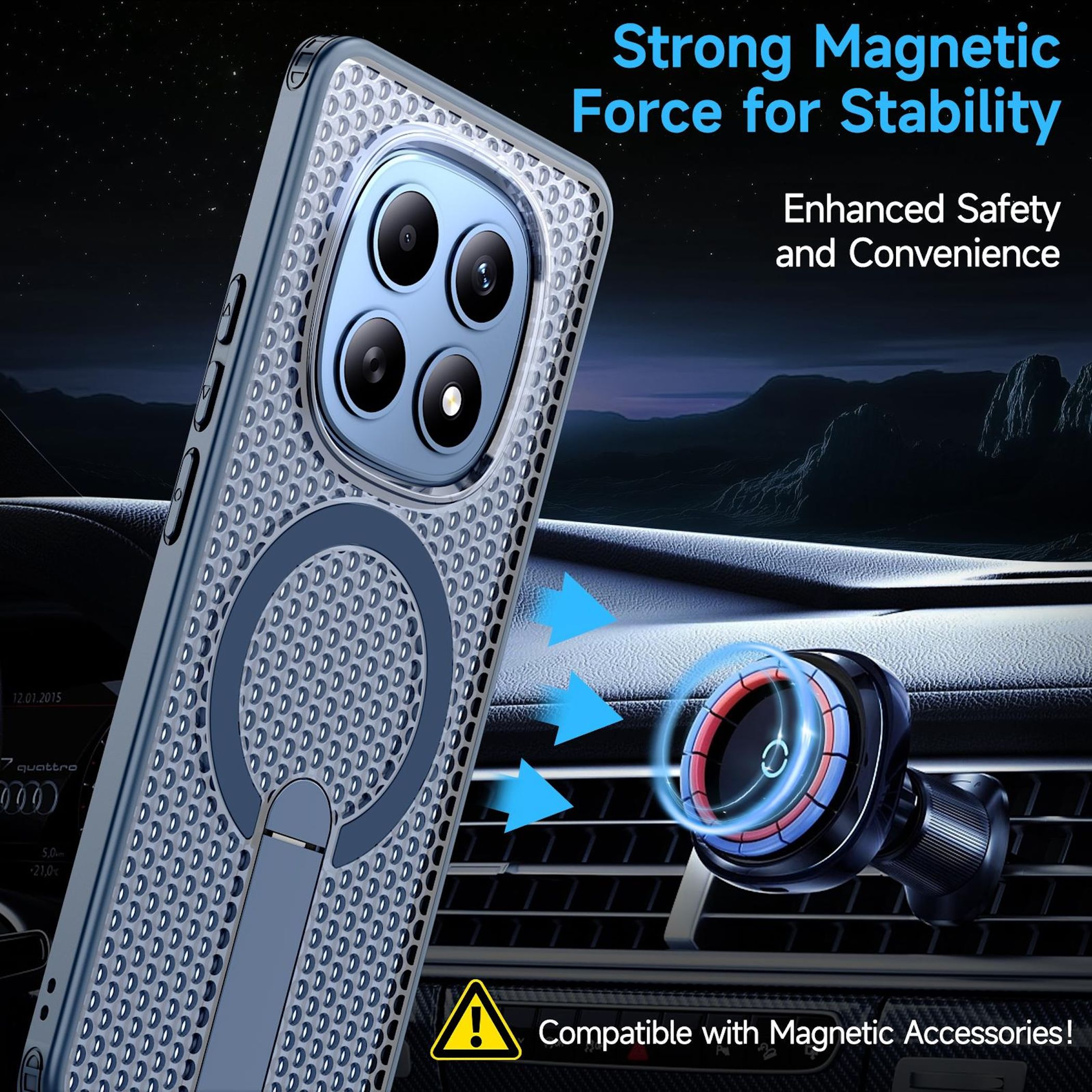 Funda de teléfono con soporte de anillo magnético en rejilla de coche. Fuerte imán.
