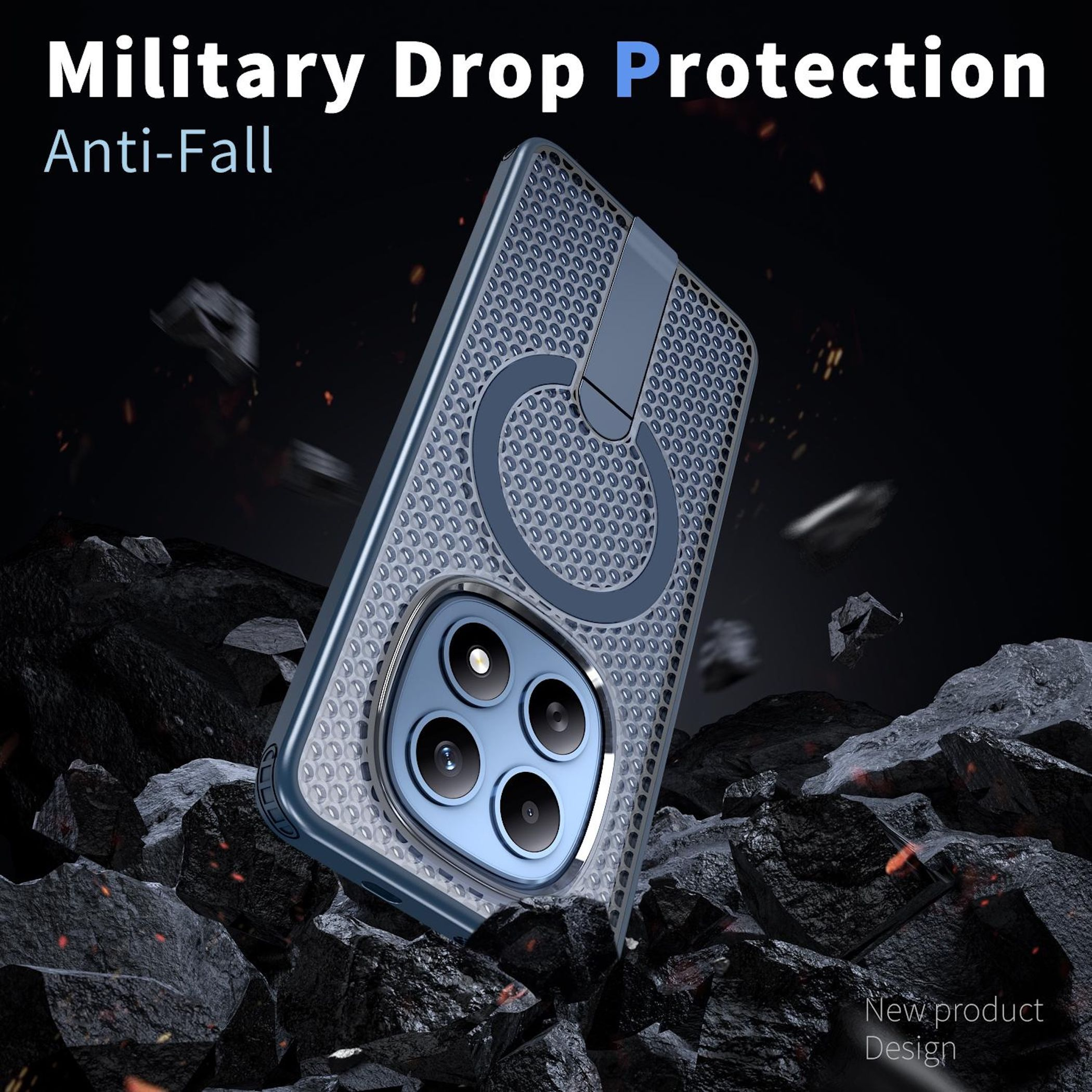 Funda de teléfono gris con patrón texturizado, rodeada de rocas.