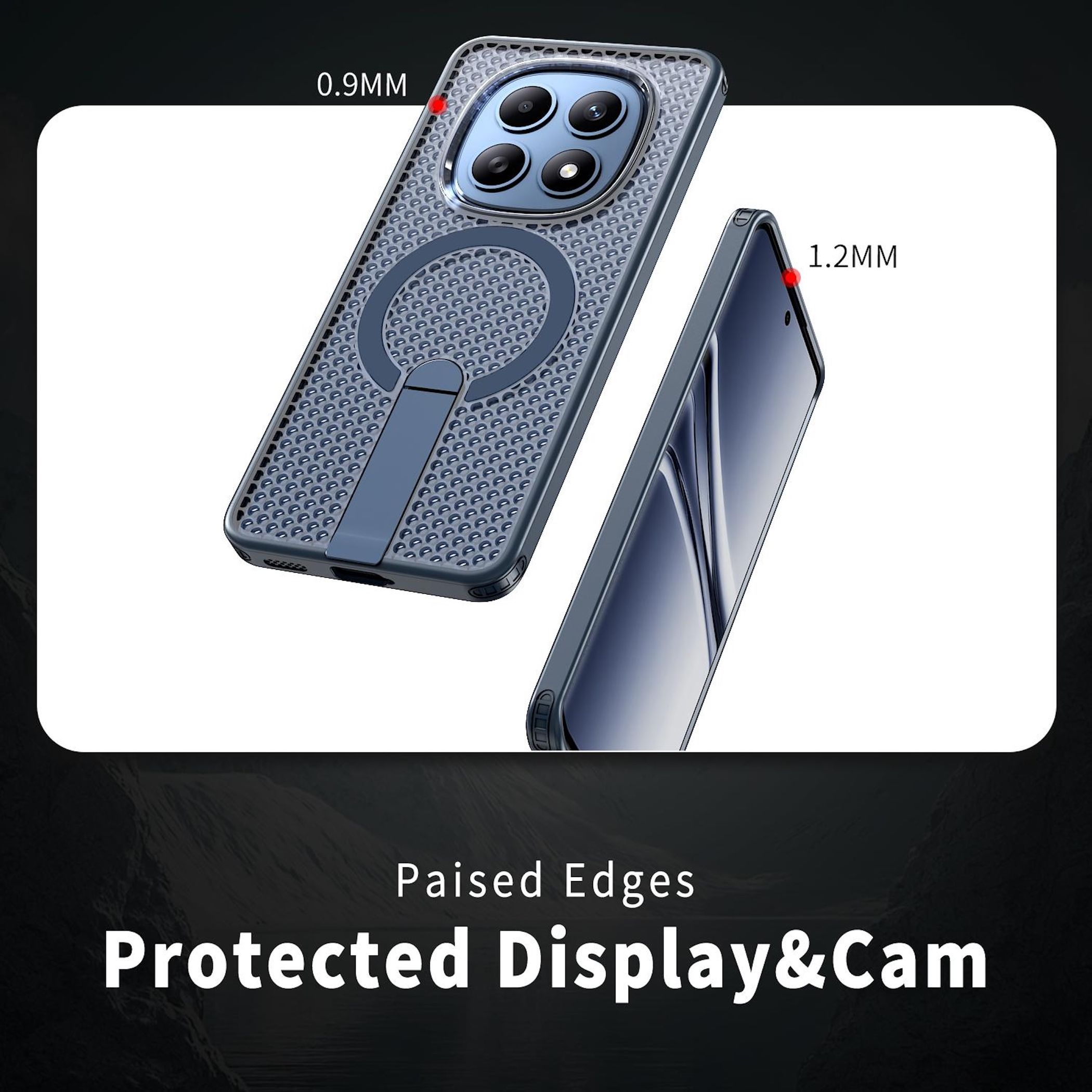 Funda de teléfono azul con bordes elevados para protección de pantalla y cámara.