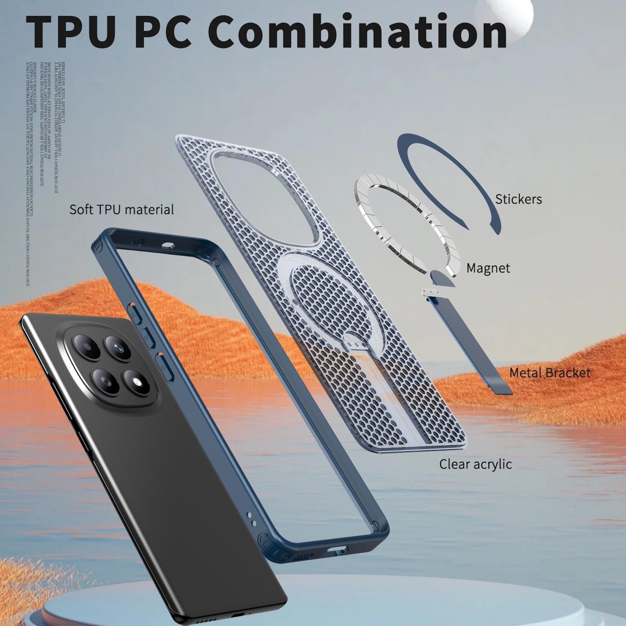 Una funda de teléfono con imán y soporte metálico sobre un fondo.