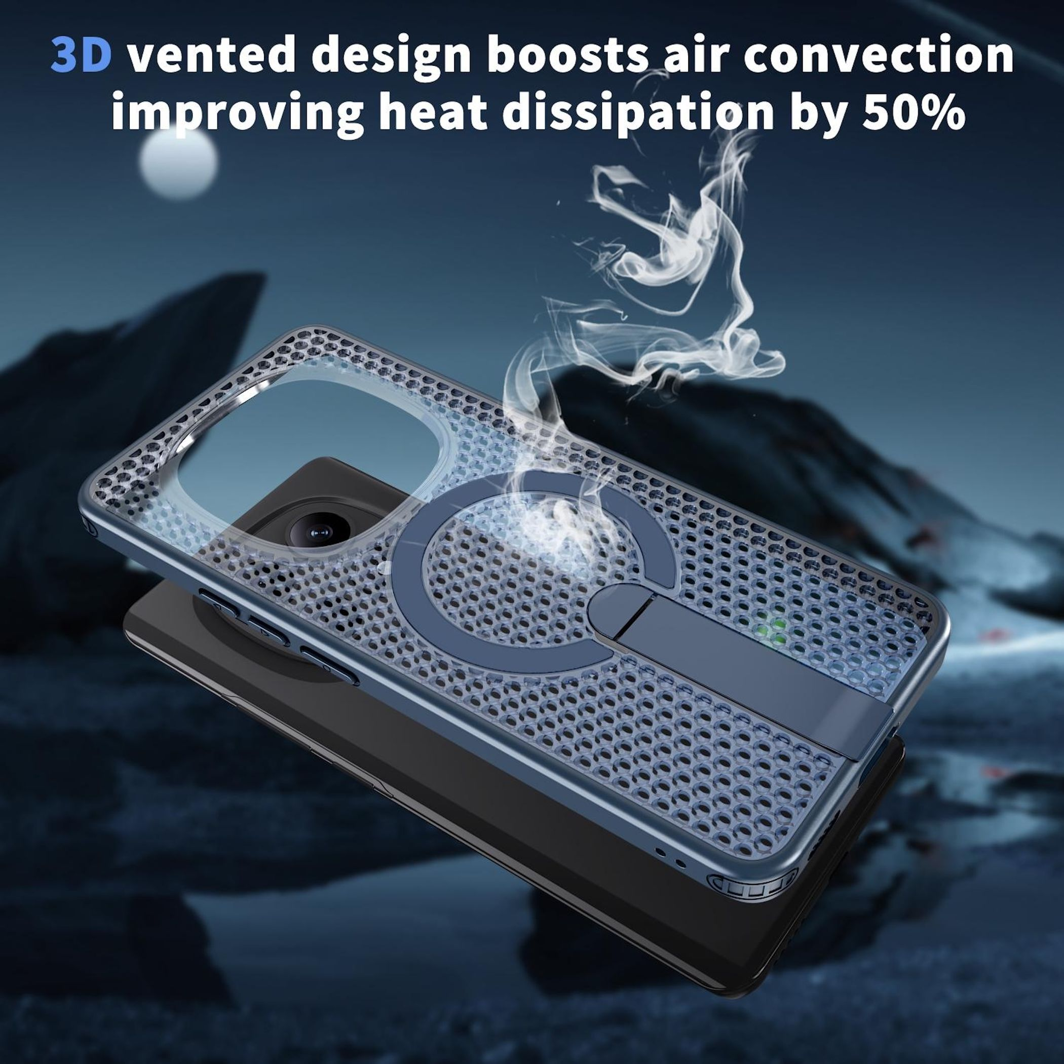 Una funda de teléfono ventilada con humo ascendente, disipando calor.