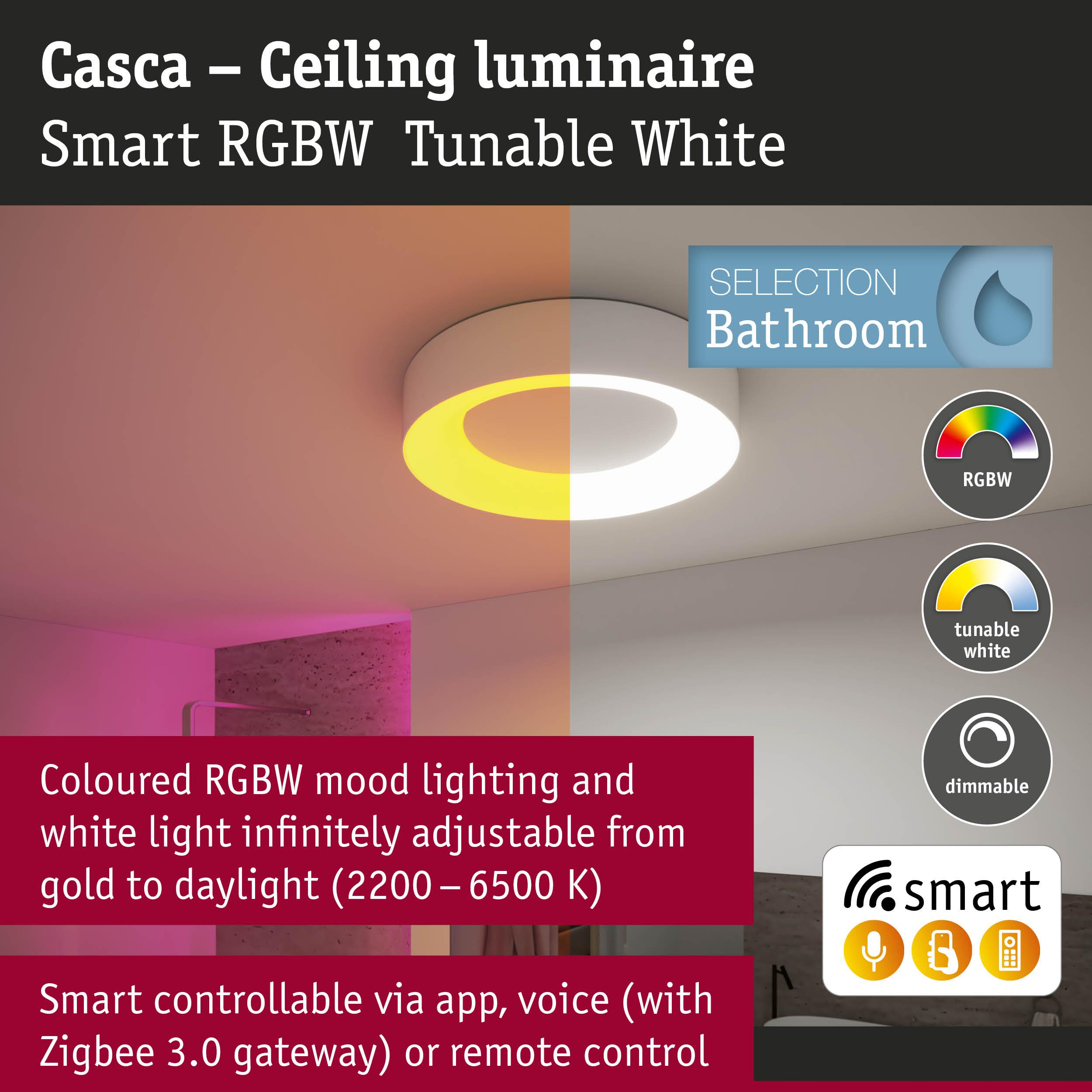 Plafonnier Casca : lumière RVBW et blanche, contrôlable par app/voix.