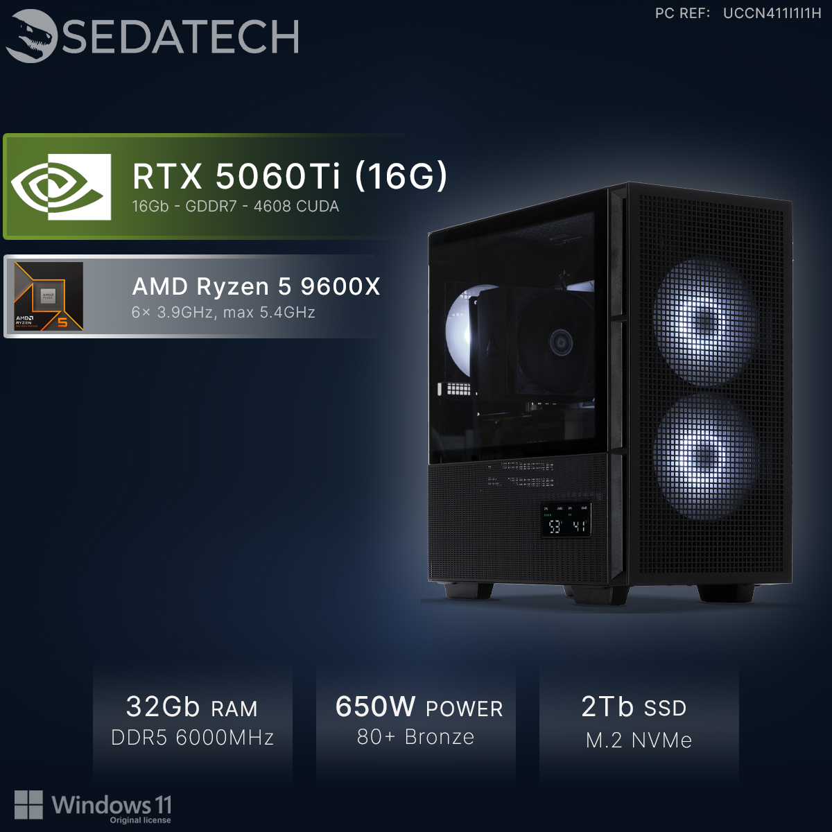 Un PC nero con RTX 5060Ti, AMD Ryzen 5 9600X, 32GB RAM, alimentatore 650W.
