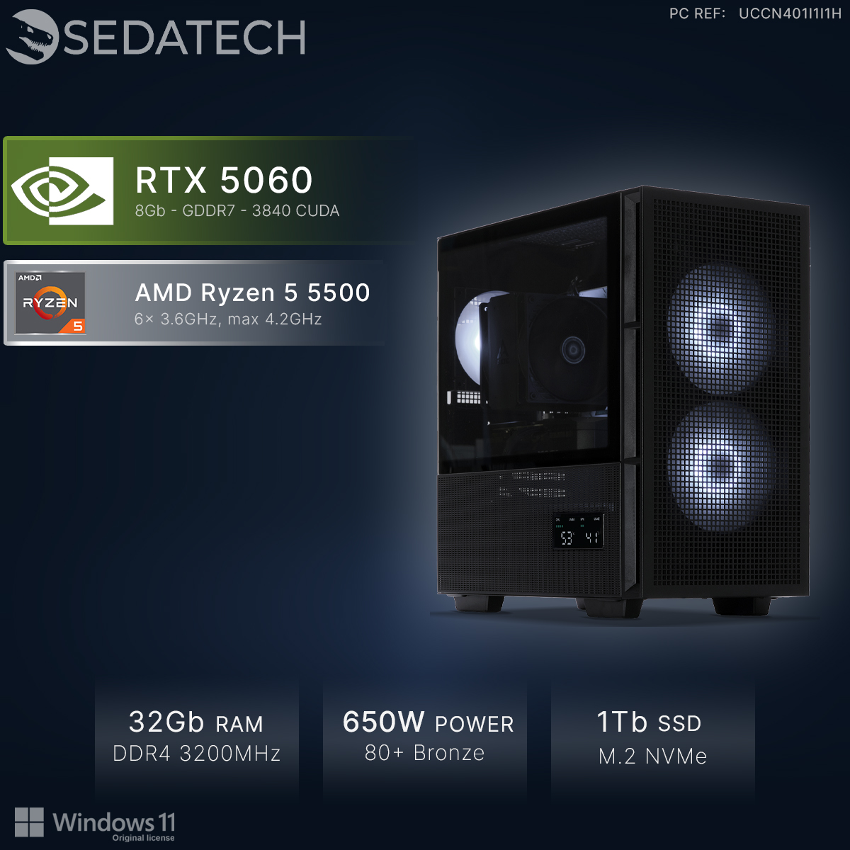 Tower PC nero con ventole RGB, RTX 5060, Ryzen 5 5500.