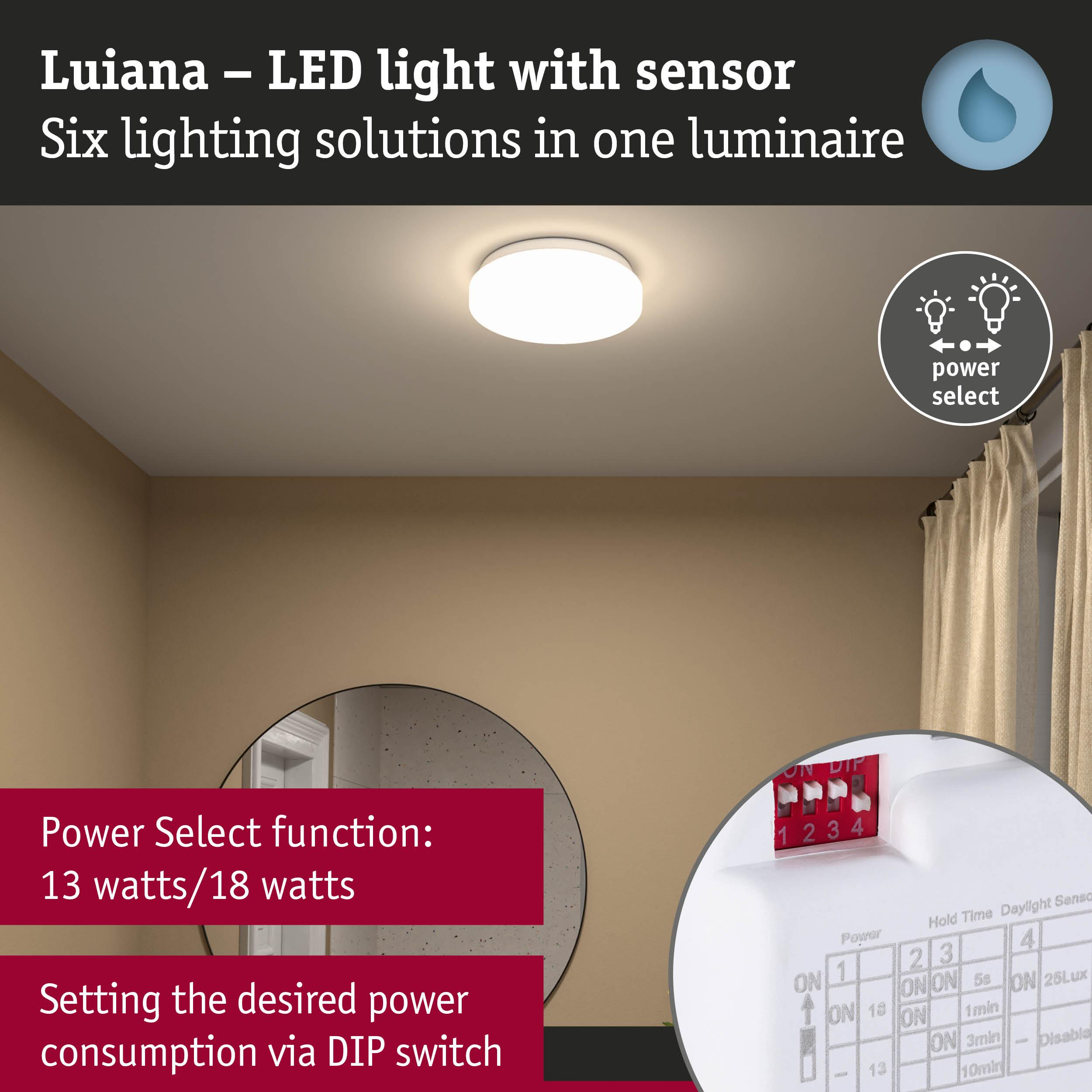 Lampa LED z czujnikiem Luiana z przełącznikiem DIP o mocy 13/18W.