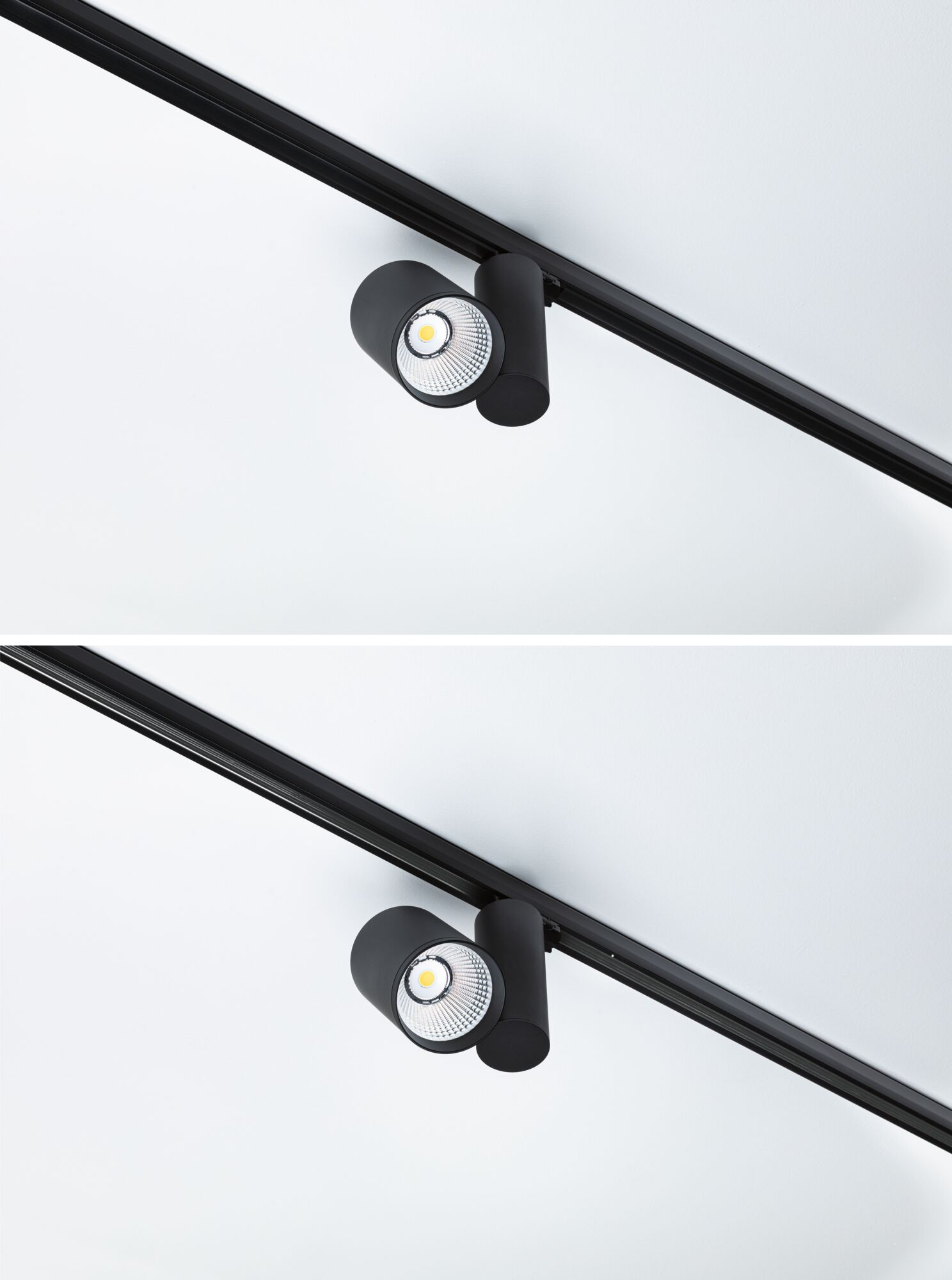 Zwei schwarze Schienenstrahler mit LED-Licht auf weißem Hintergrund.