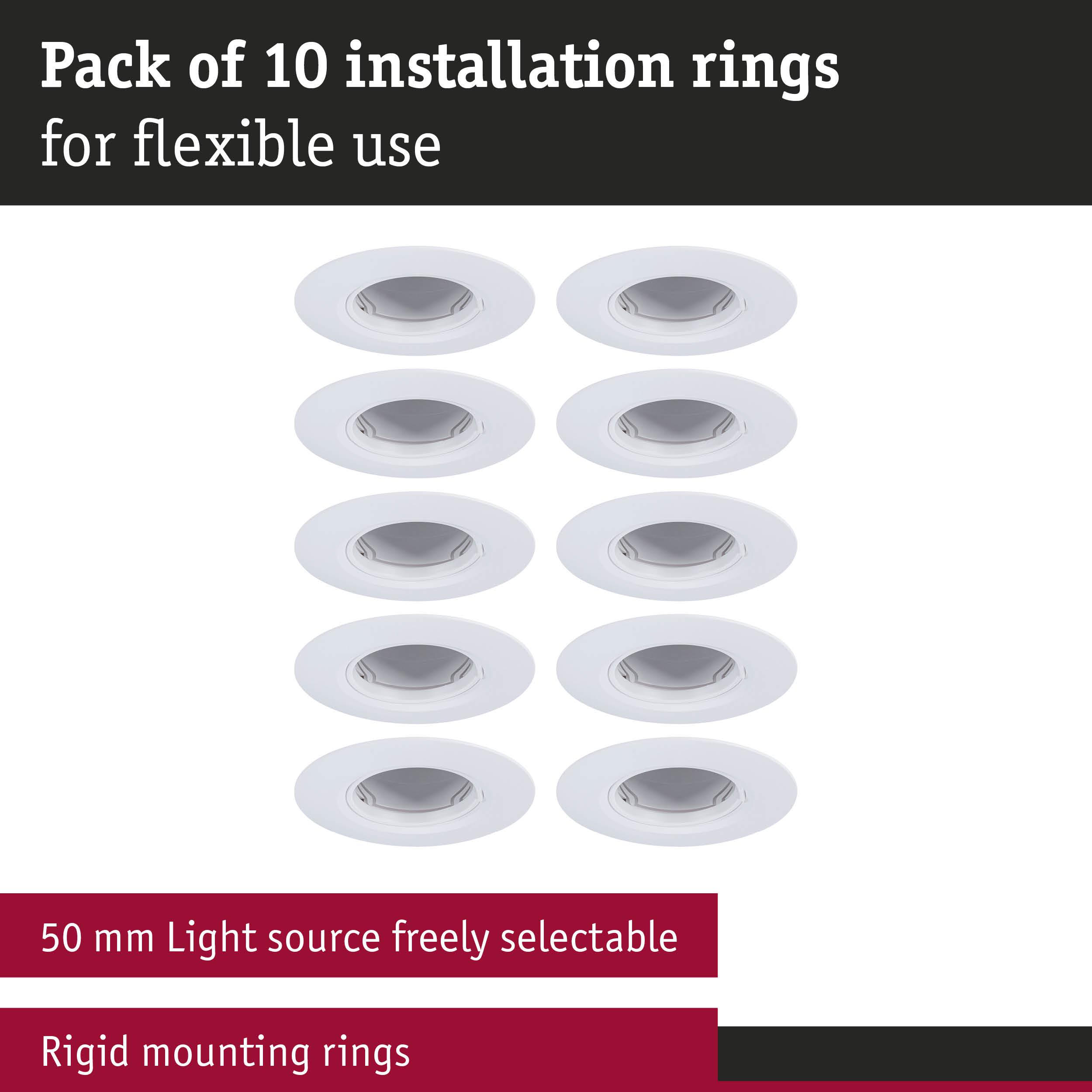 Opakowanie 10 białych pierścieni montażowych do elastycznego użytku.