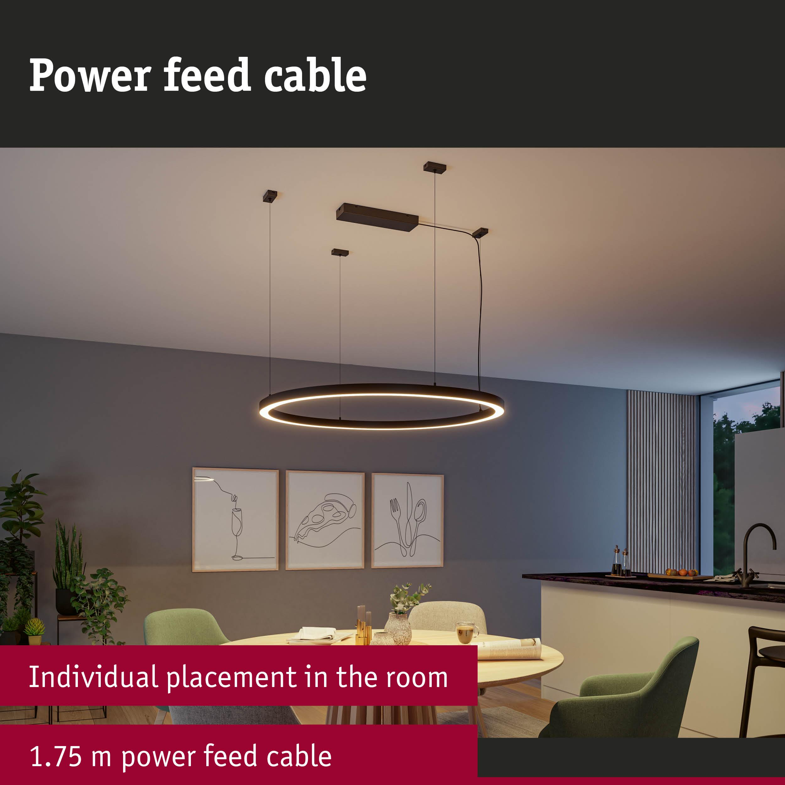 Ein runder Lampenring hängt über einem Esstisch in einem modernen Esszimmer.