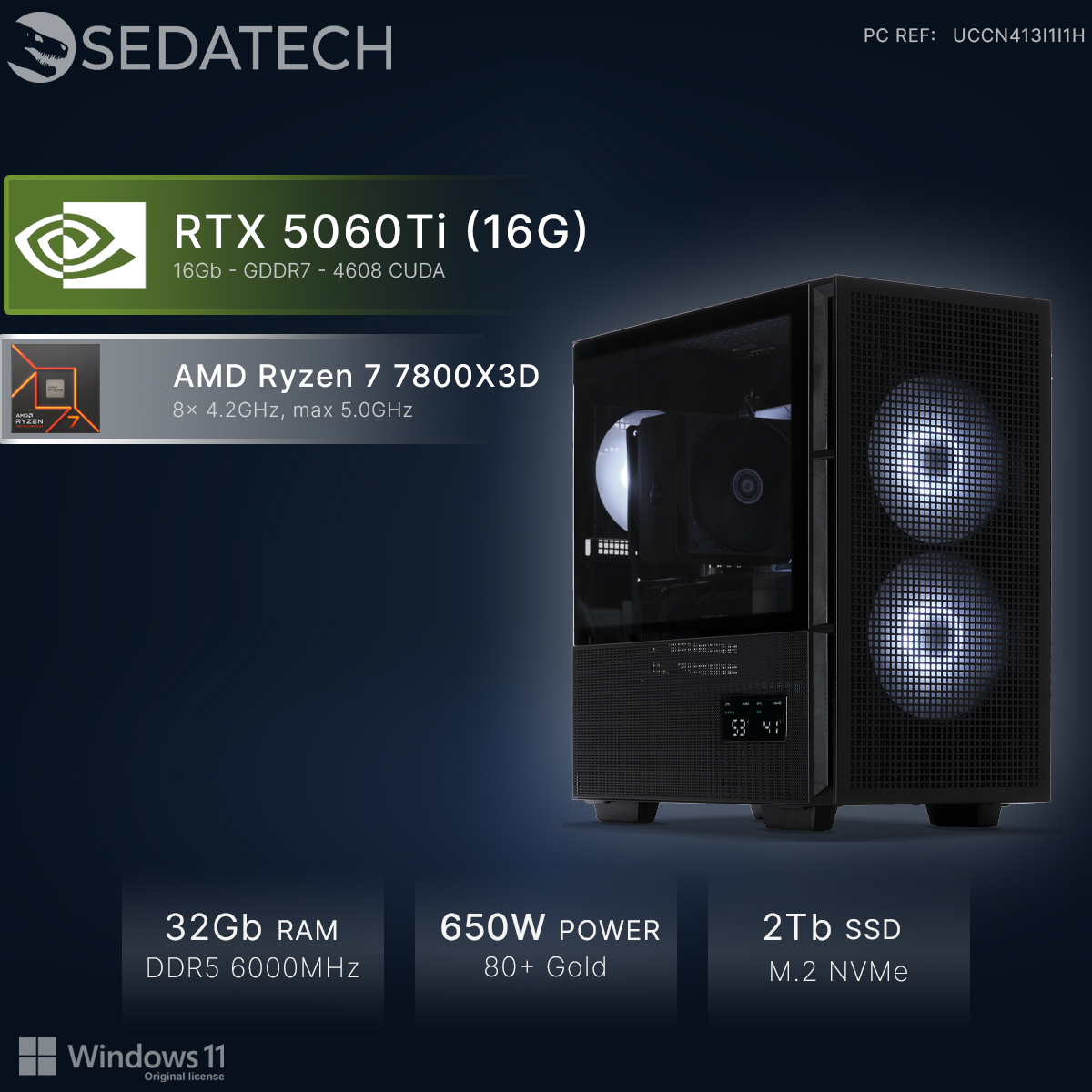 Czarny komputer gamingowy z RTX 5060Ti, Ryzen 7, 32GB RAM, zasilacz 650W.