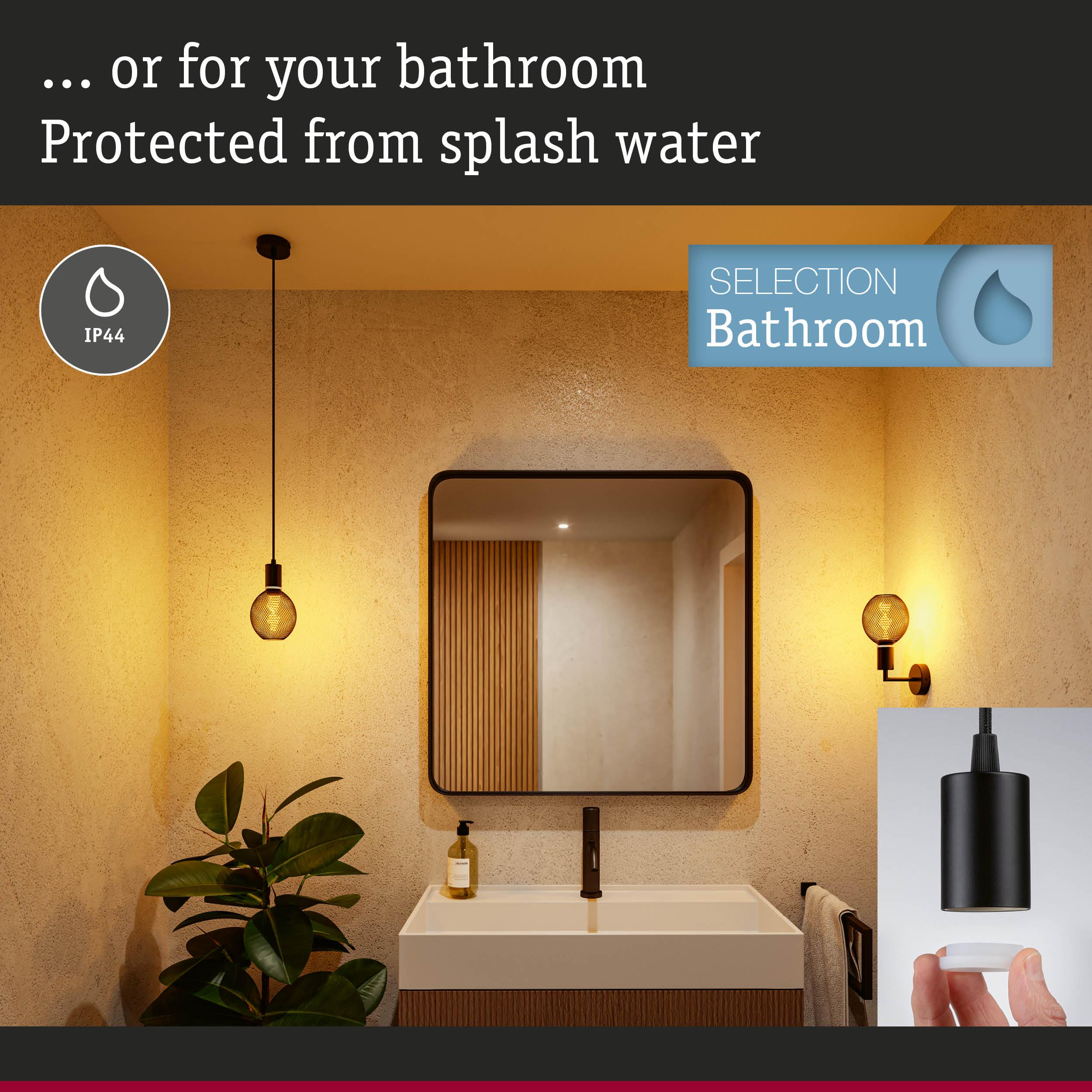 Badezimmer mit IP44-Leuchte, Waschbecken, Spiegel und Pflanze.