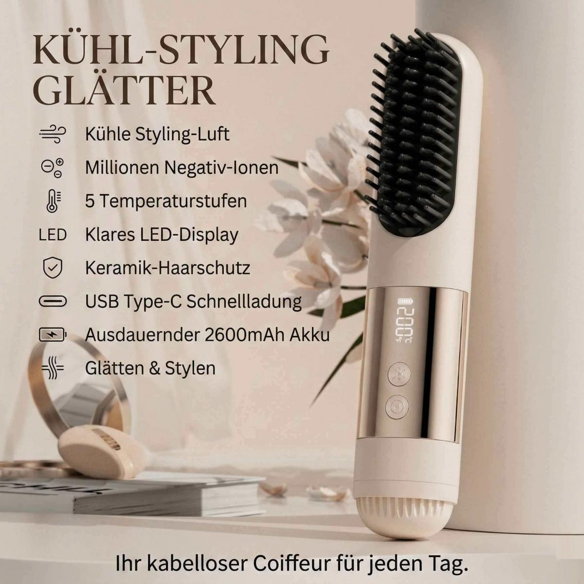 Ein weißer Glättebürsten-Stylingstab mit LED-Display zeigt 200°C an.