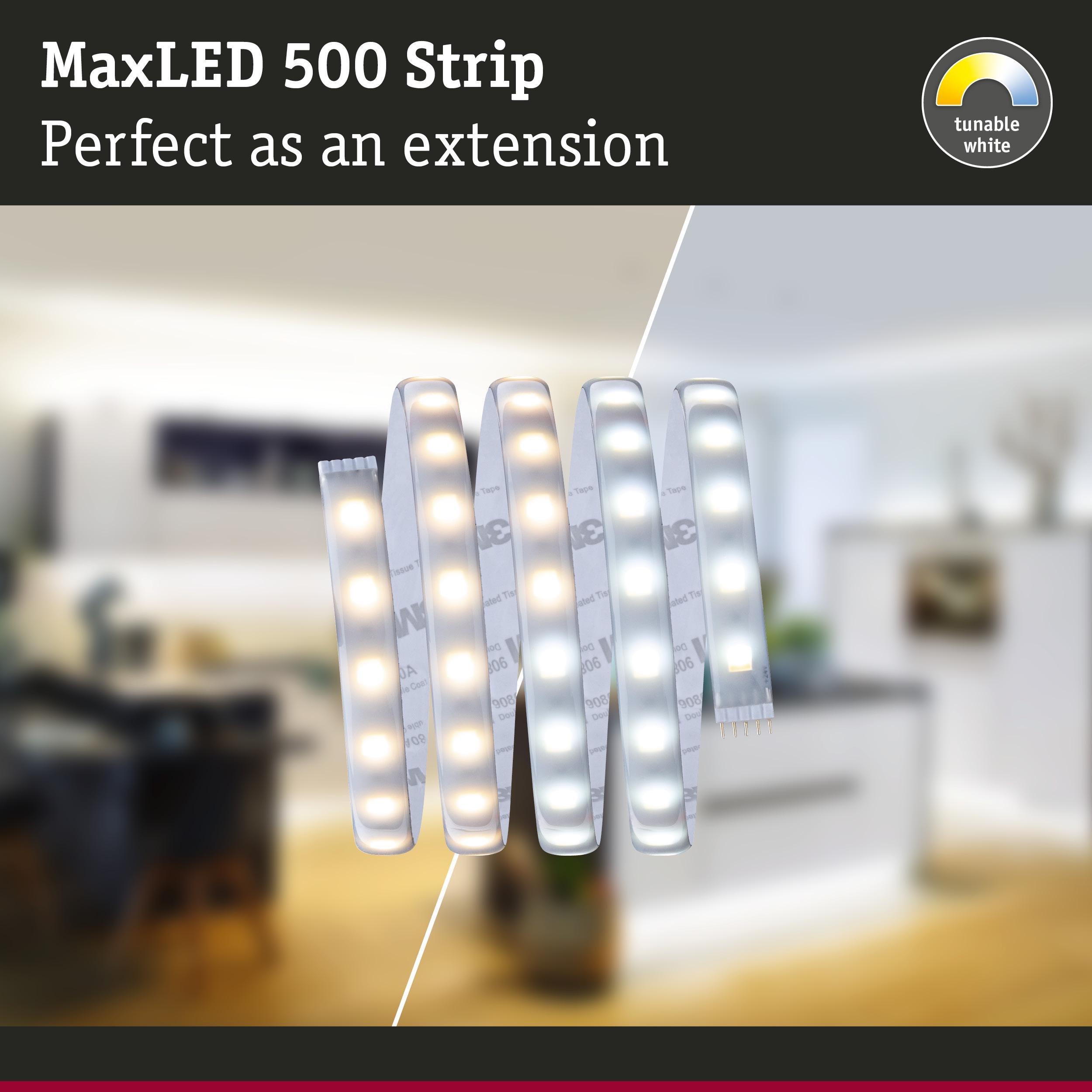 LED-Streifen in verschiedenen Weißtönen, von warmweiß bis kaltweiß, in einem Raum.
