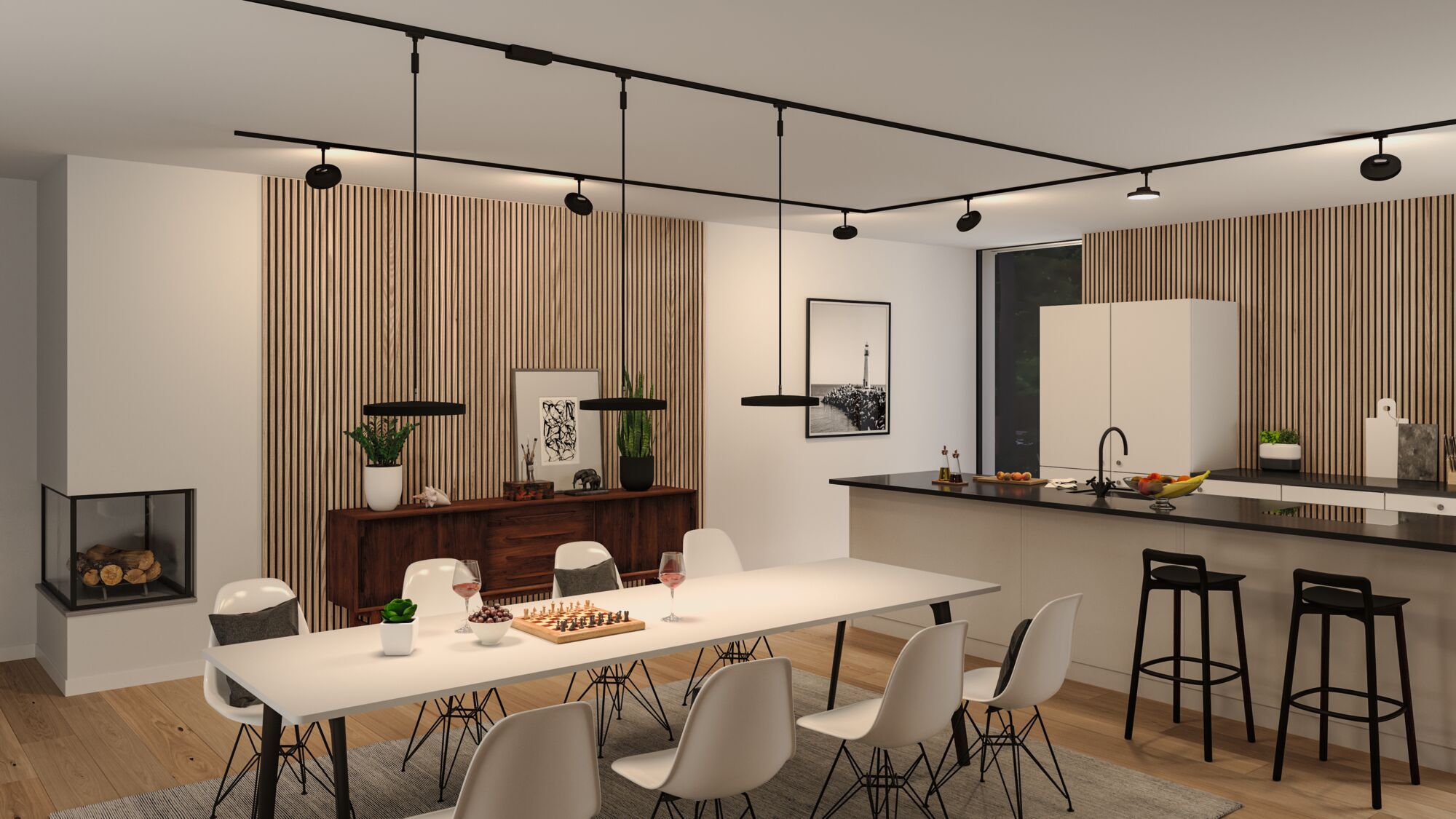 Modernes Esszimmer mit Kamin, Holzwand, Esstisch und Kücheninsel.