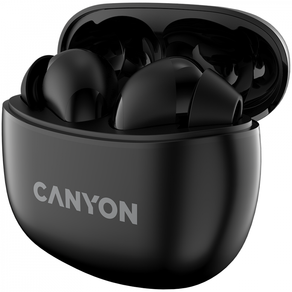 Czarne bezprzewodowe słuchawki w otwartym etui ładującym z logo CANYON.