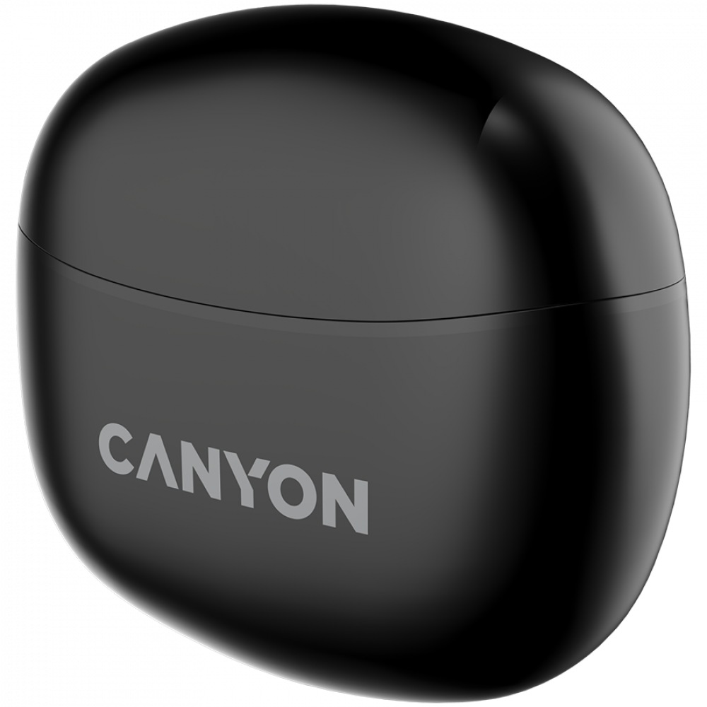 Czarne owalne etui ładujące z szarym logo CANYON.