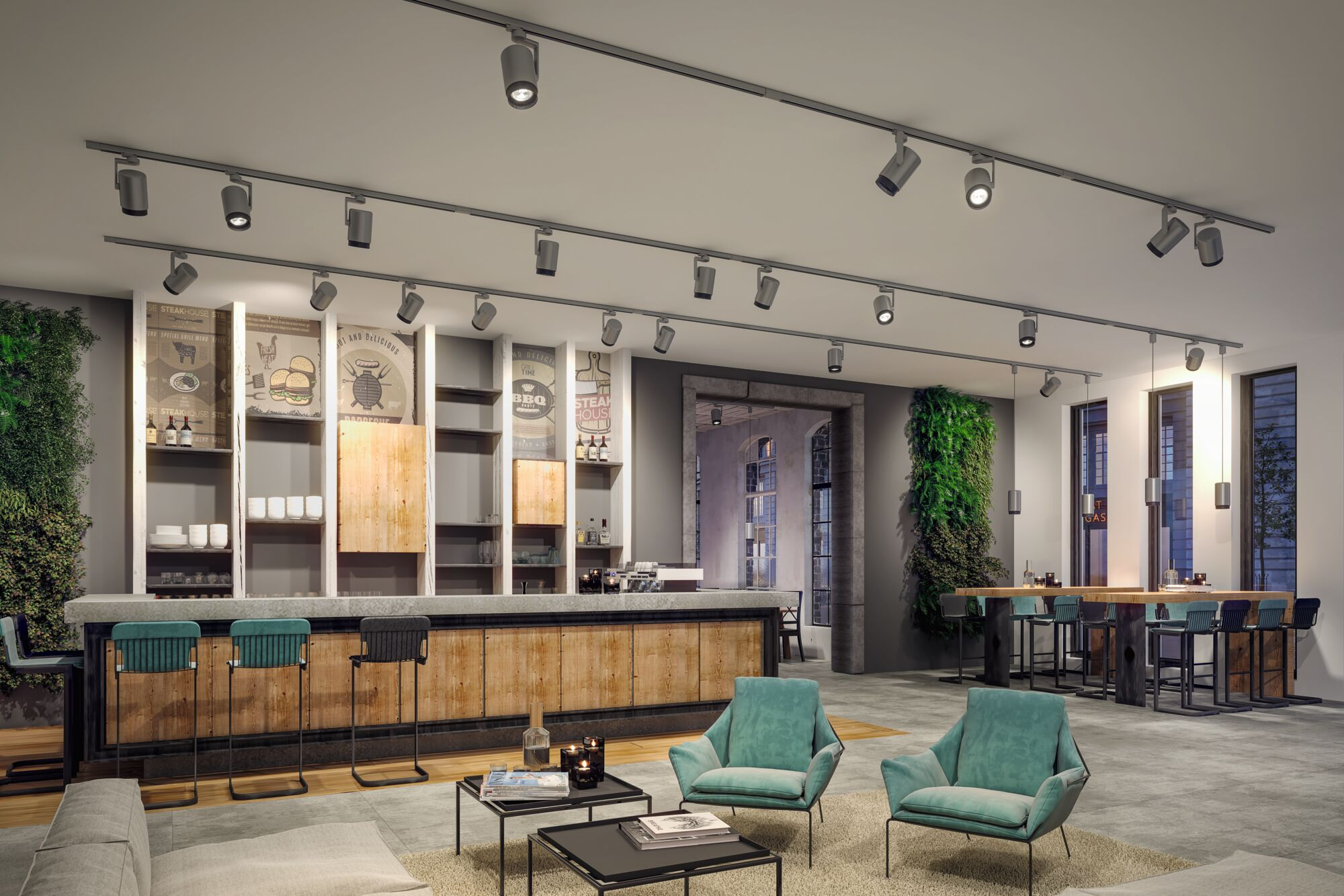 Nowoczesny bar z drewnianymi akcentami, zielonymi krzesłami i długim blatem.