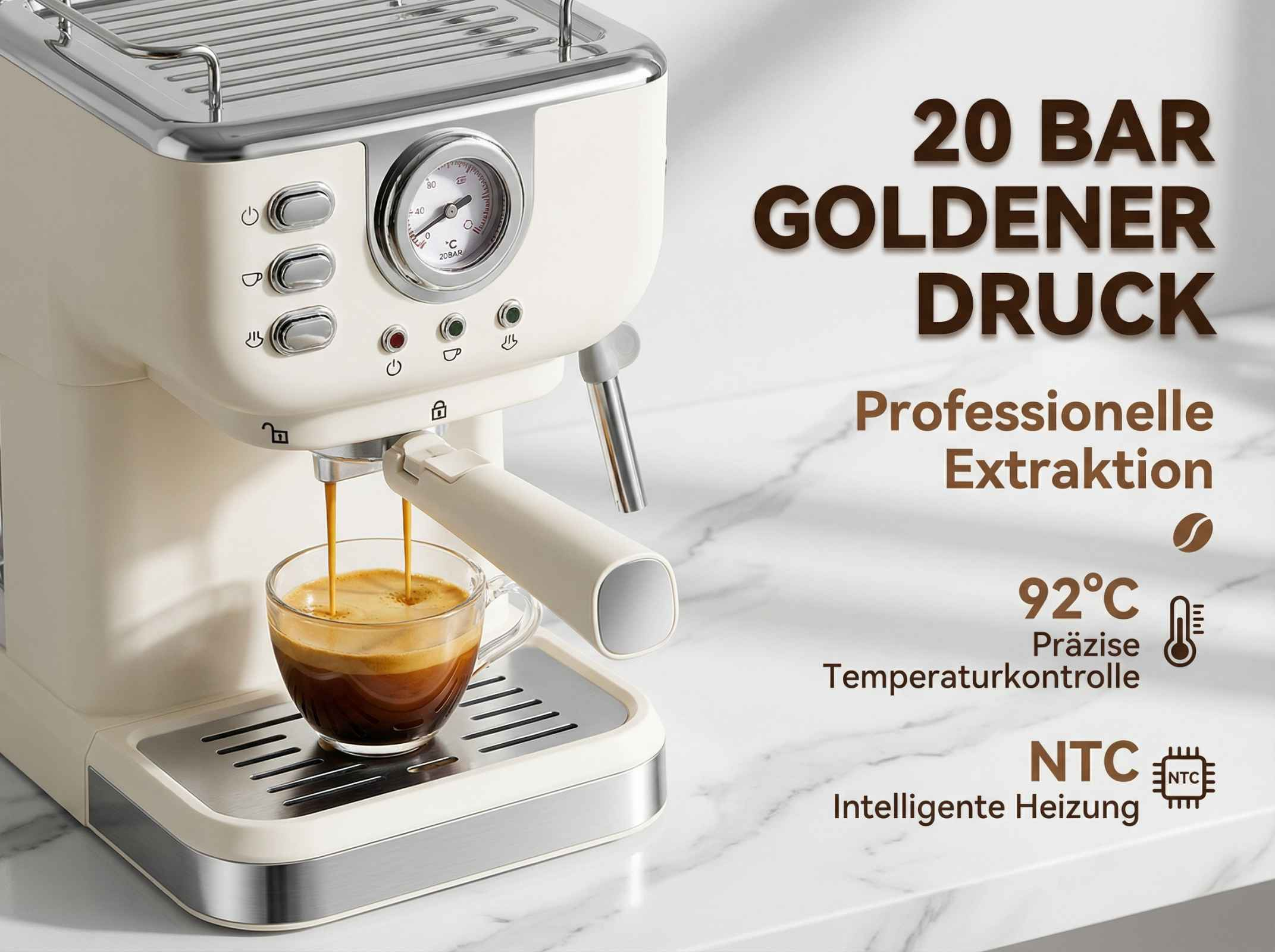 Eine cremefarbene Espressomaschine brüht Kaffee in eine Glas Tasse. 20 Bar Druck.
