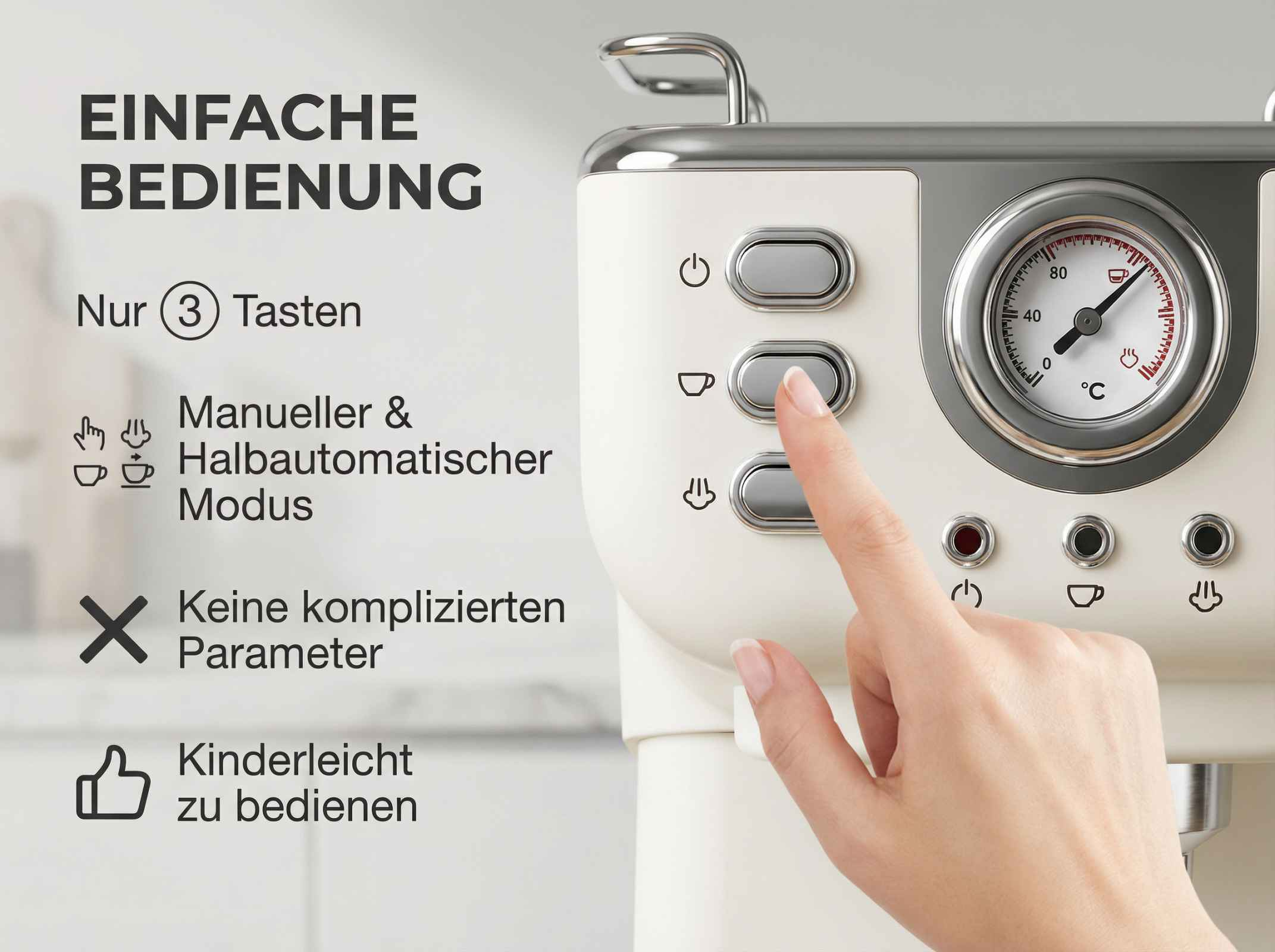 Eine Hand drückt einen Knopf an einer Kaffeemaschine mit Thermometer.