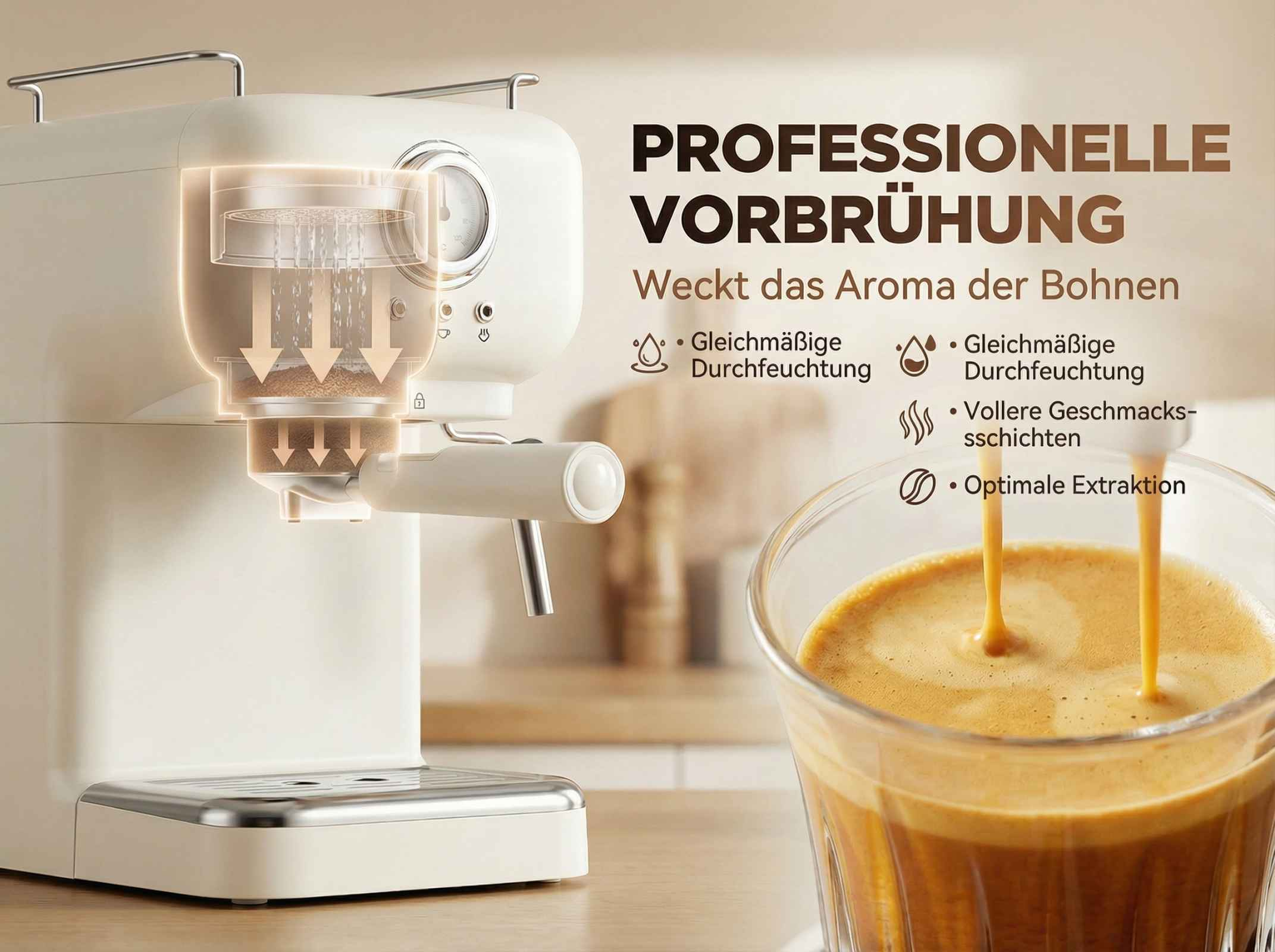 Eine weiße Kaffeemaschine brüht Espresso in ein Glas. Der Prozess wird hervorgehoben.