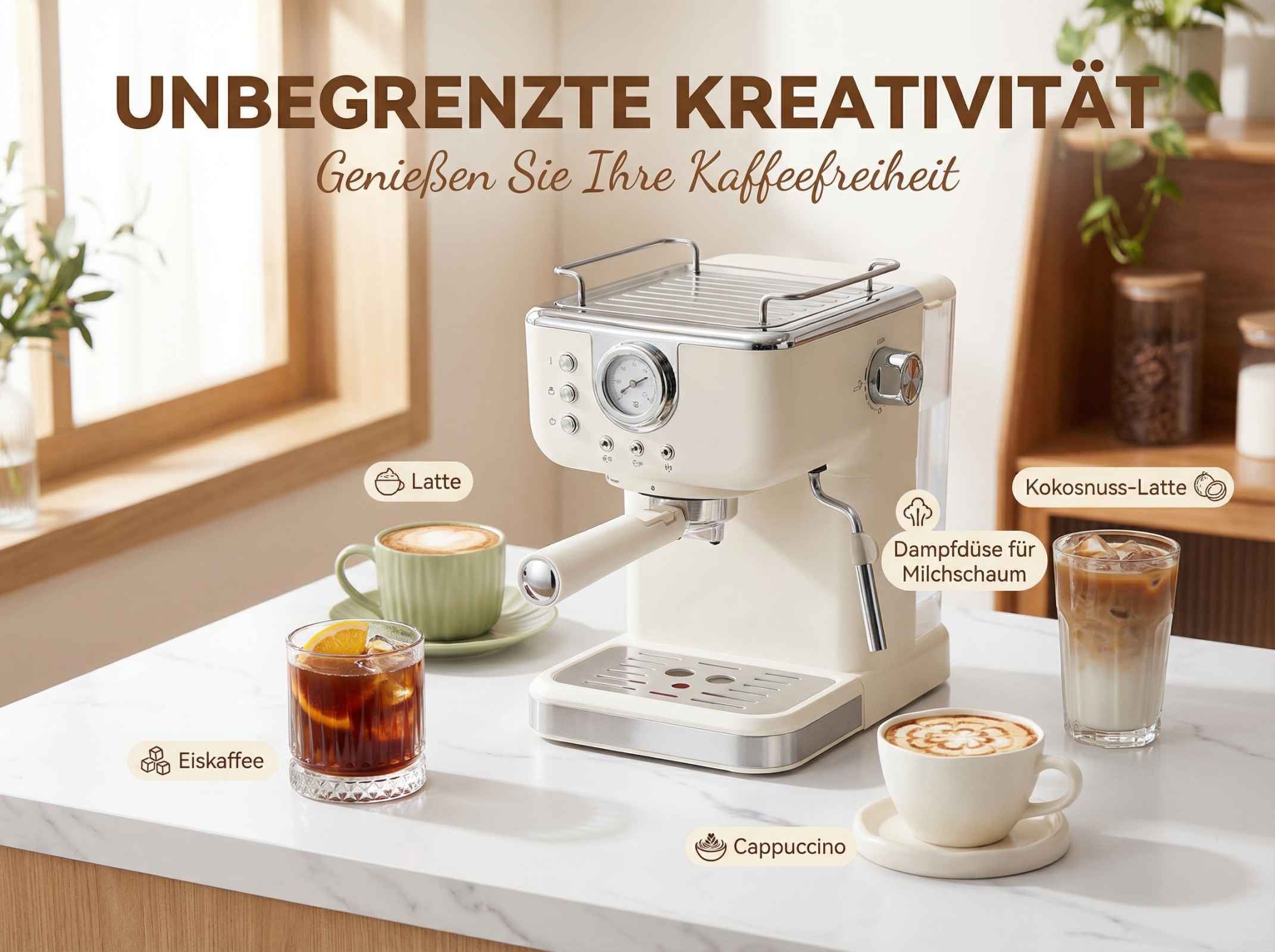 Eine cremefarbene Kaffeemaschine mit verschiedenen Kaffeegetränken.