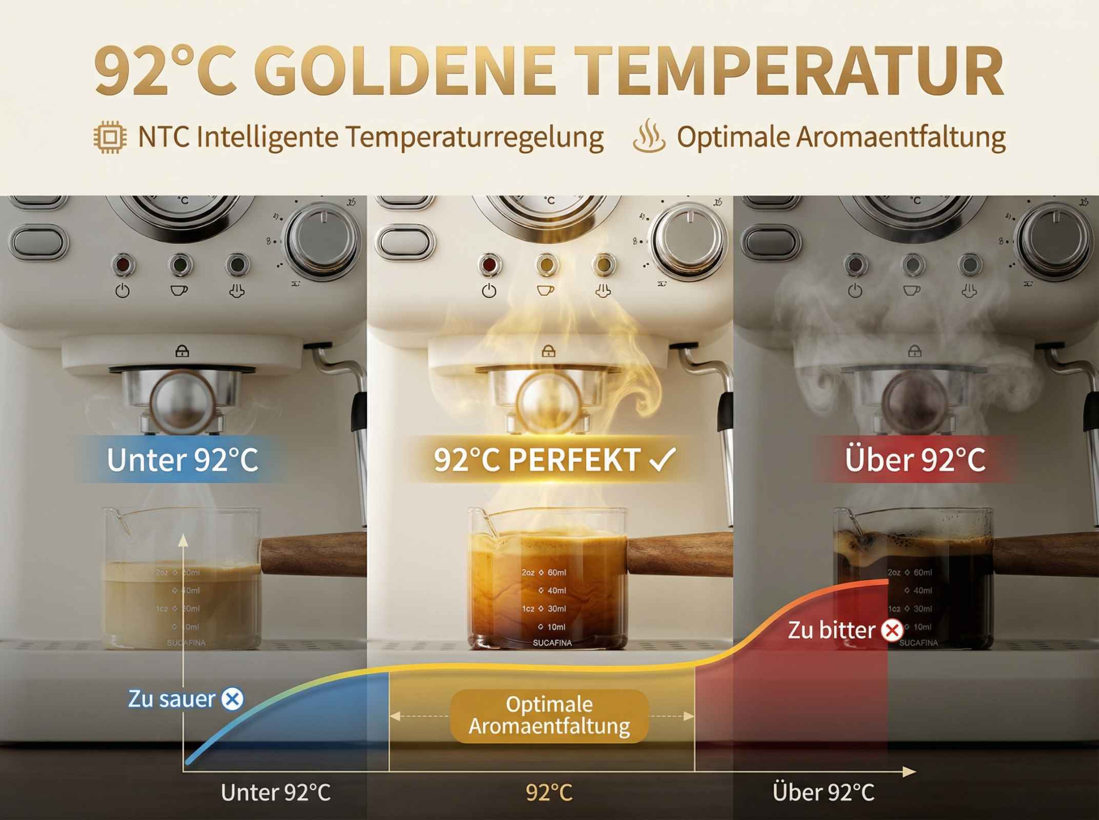 Espressomaschine zeigt Temperaturdiagramm für Kaffeezubereitung.