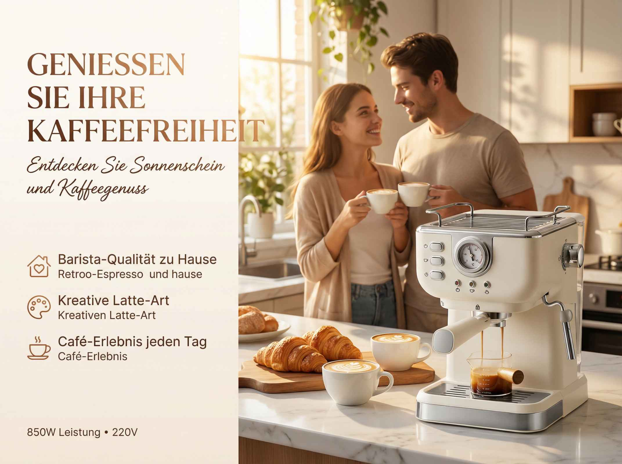 Ein Paar genießt Kaffee in einer hellen Küche mit einer Espressomaschine und Gebäck.