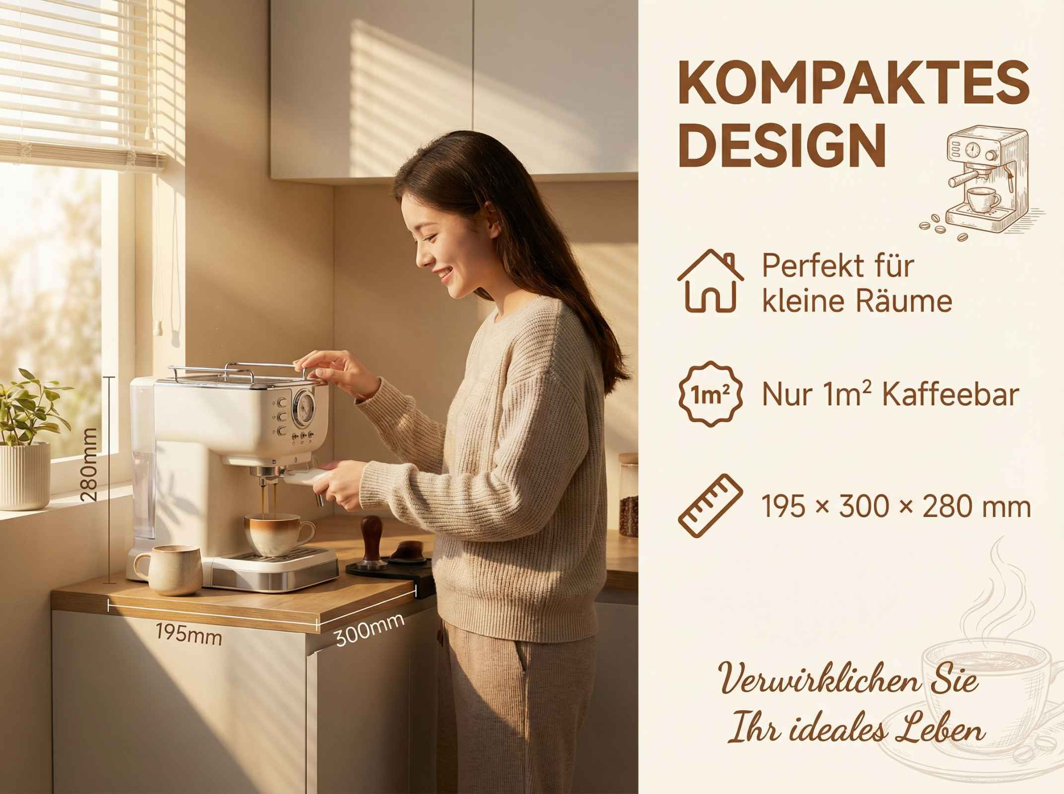 Eine Frau macht Kaffee mit einer kompakten Maschine neben einem Fenster.