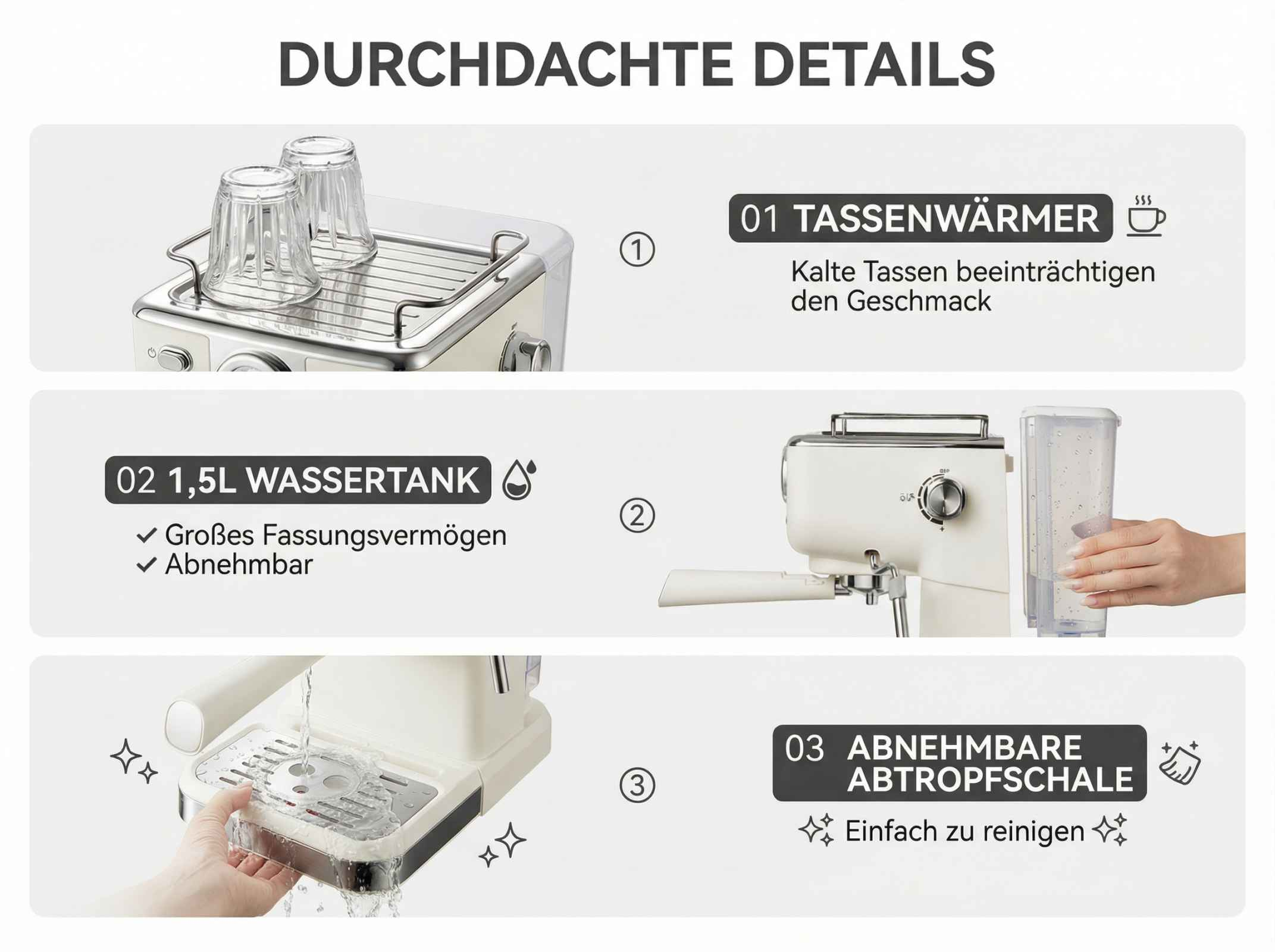 Drei Details einer Kaffeemaschine: Tassenwärmer, Wassertank und Abtropfschale.
